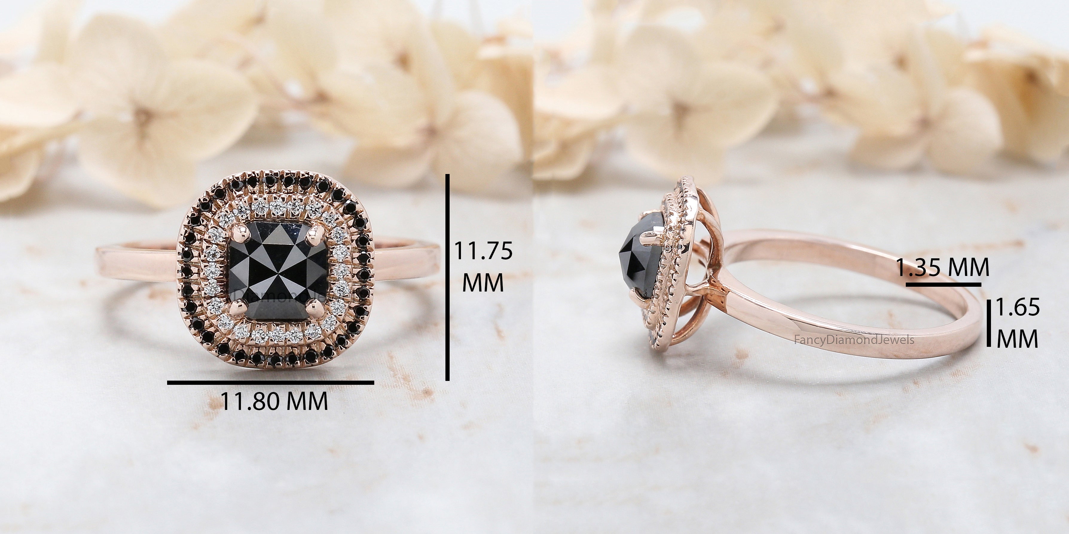 Cushion Shape Black Color Diamond Ring 1.02 Ct 5.80 MM Cushion Diamond Ring 14K Solid Rose Gold Silver Engagement Ring Gift For Her QN2518