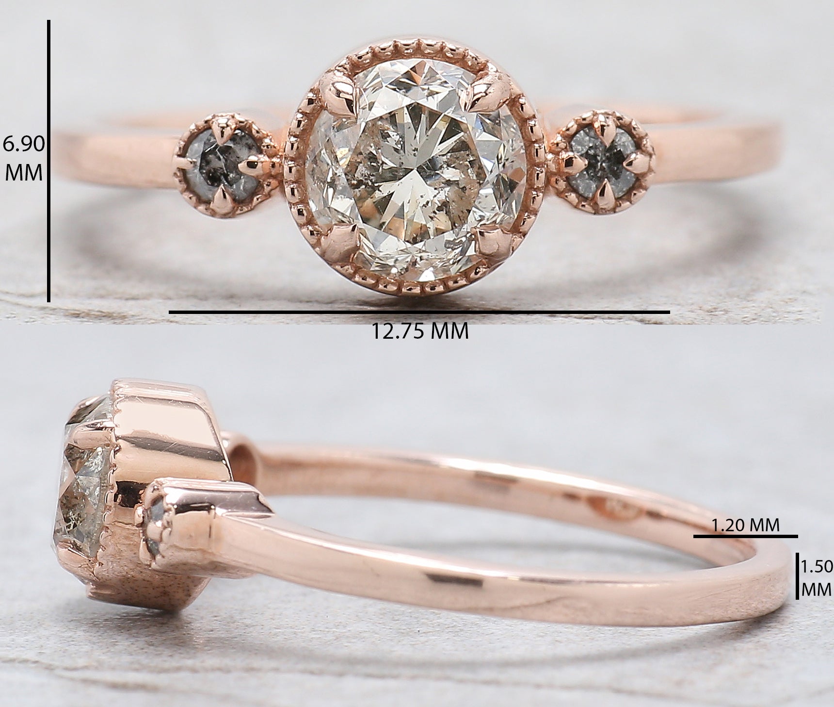 Round Cut Salt And Pepper Diamond Ring 0.90 Ct 5.79 MM Round Diamond Ring 14K Solid Rose Gold Silver Engagement Ring Gift For Her QL2655