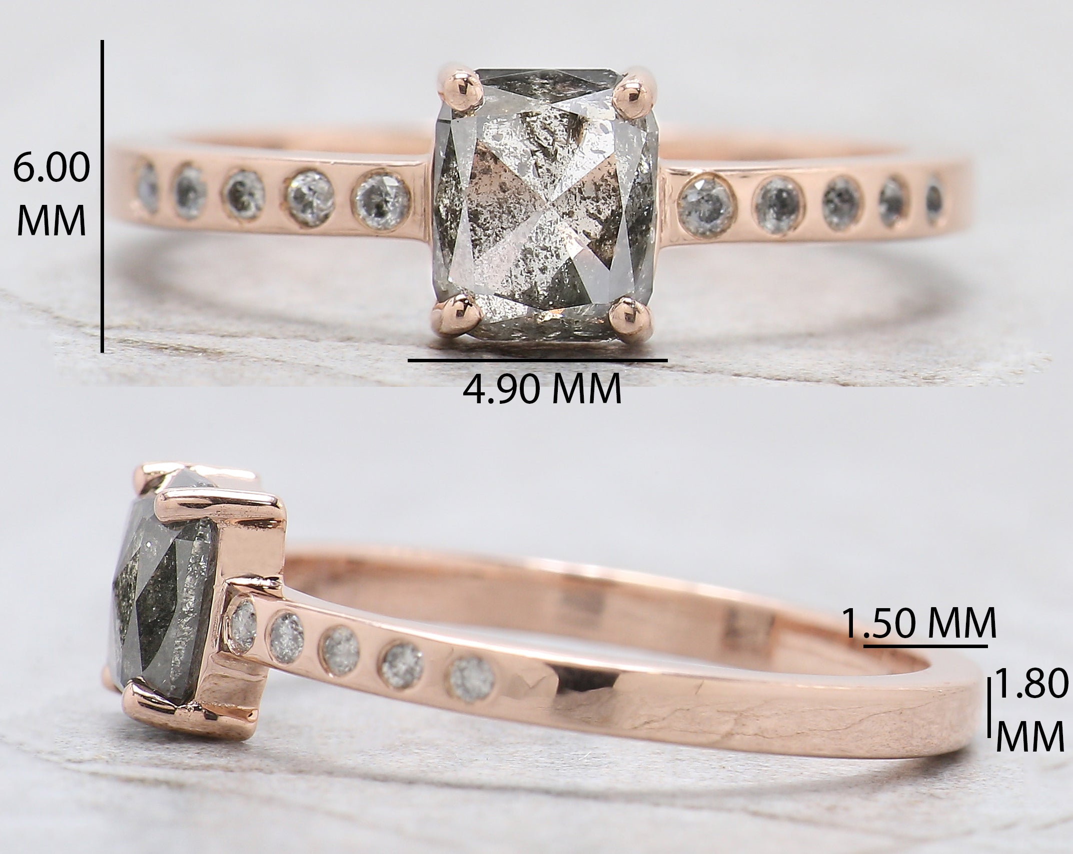 Cushion Cut Salt And Pepper Diamond Ring 0.86 Ct 5.95 MM Cushion Diamond Ring 14K Rose Gold Silver Engagement Ring Gift For Her QL7859