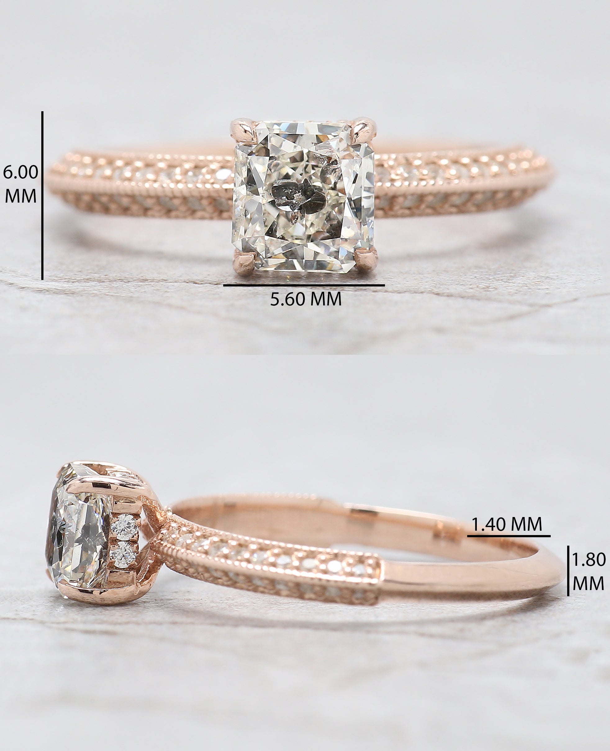 Radiant Salt And Pepper Diamond Ring 1.03 Ct 5.58 MM Radiant Diamond Ring 14K Solid Rose Gold Silver Engagement Ring Gift For Her QL2644