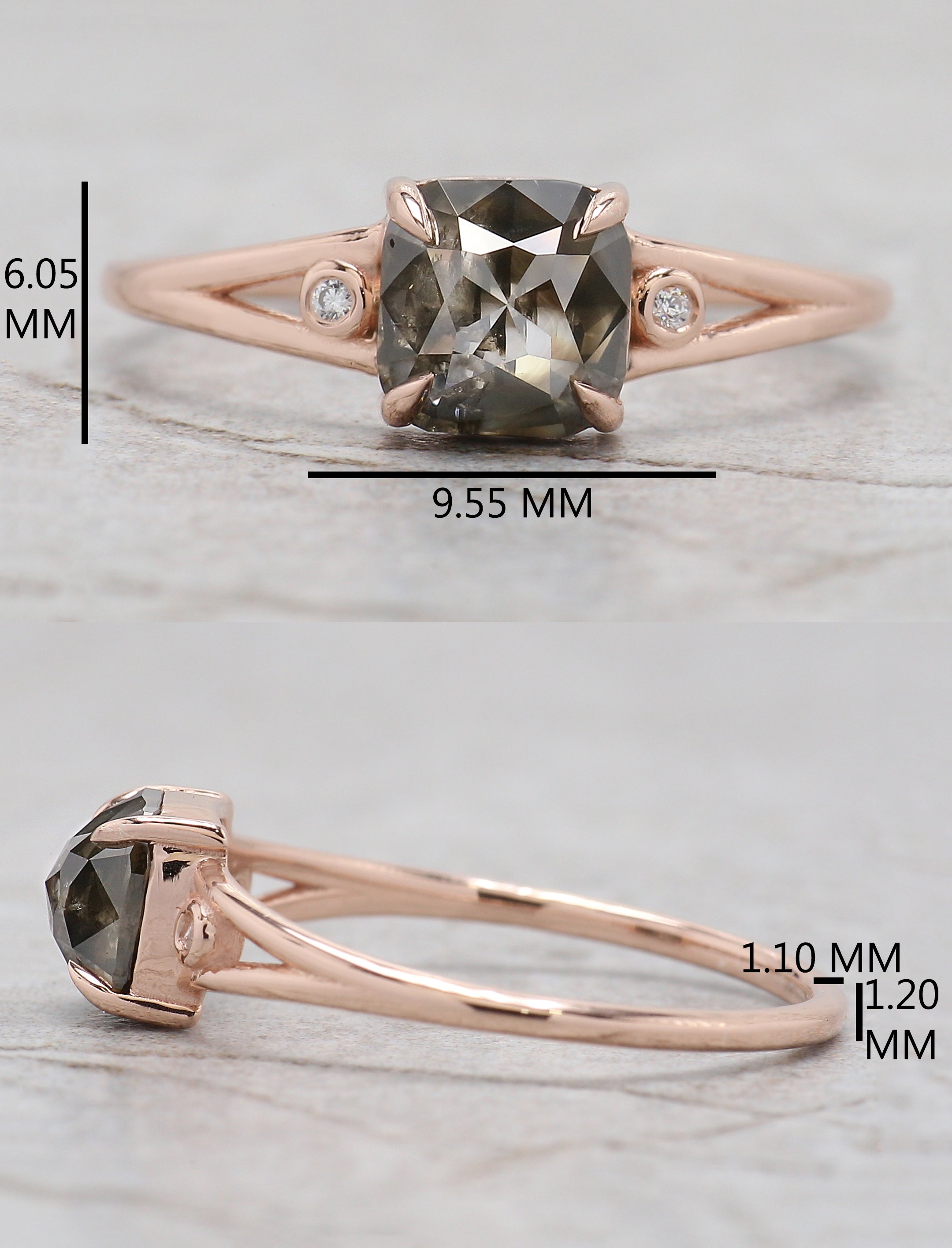 Cushion Cut Salt And Pepper Diamond Ring 1.10 Ct 6.00 MM Cushion Diamond Ring 14K Solid Rose Gold Silver Engagement Ring Gift For Her QL392