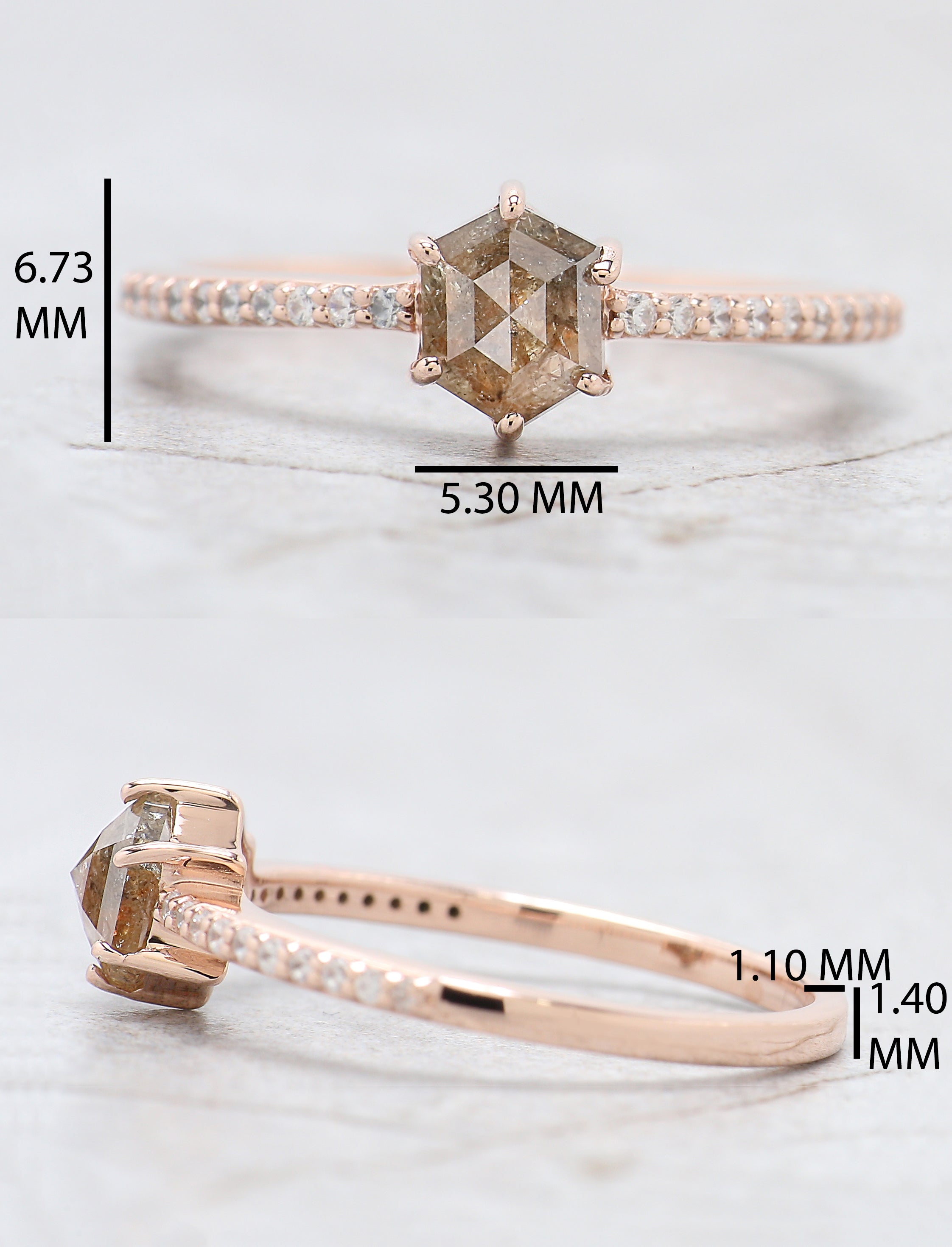 Hexagon Cut Salt And Pepper Diamond Ring 0.70 Ct 5.70 MM Hexagon Cut Diamond Ring 14K Rose Gold Silver Engagement Ring Gift For Her QL9362