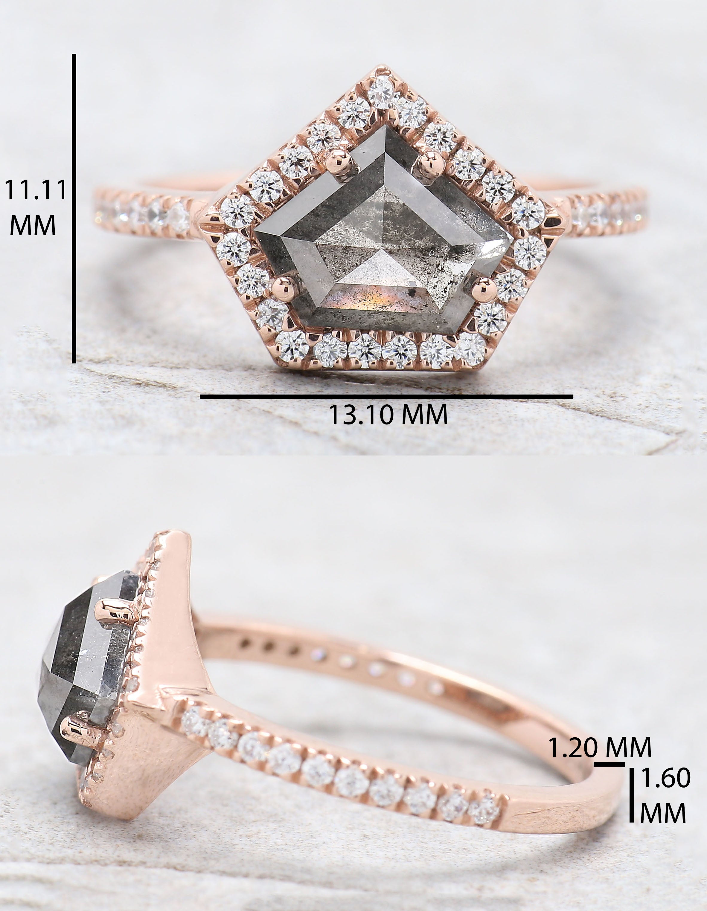 1.63 Ct Natural Shield Salt And Pepper Diamond Ring 7.25 MM Shield Shape Diamond Ring 14K Solid Rose Gold Silver Engagement Ring QL9263