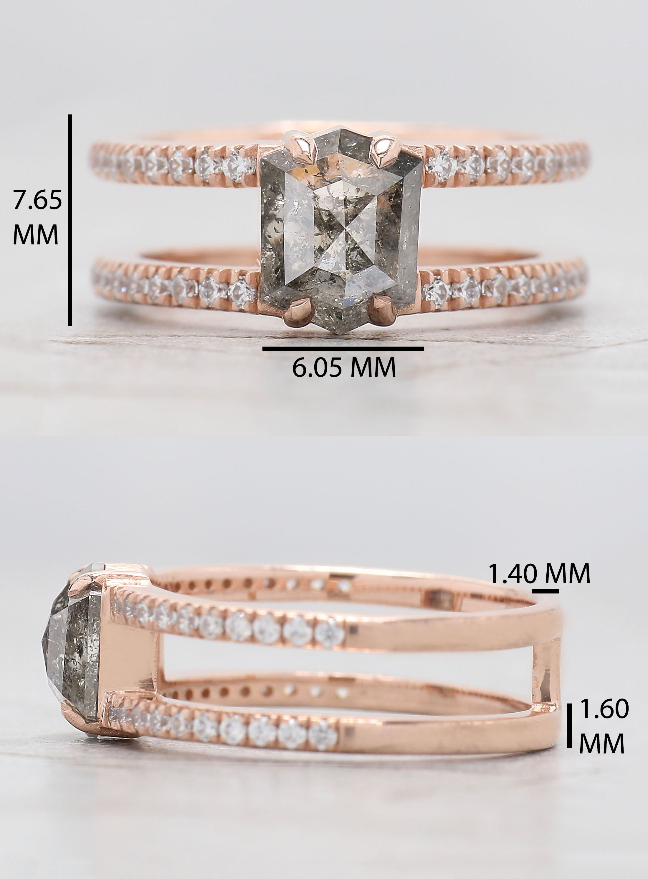 Hexagon Cut Salt And Pepper Diamond Ring 1.30 Ct 7.53 MM Hexagon Cut Diamond Ring 14K Rose Gold Silver Engagement Ring Gift For Her QL2058