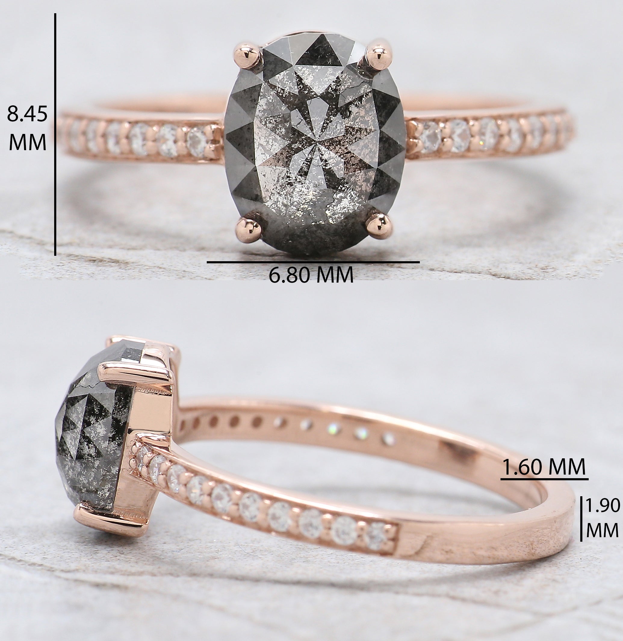 Oval Cut Salt And Pepper Diamond Ring 1.58 Ct 8.20 MM Oval Diamond Ring 14K Solid Rose Gold Silver Oval Engagement Ring Gift For Her QN9033