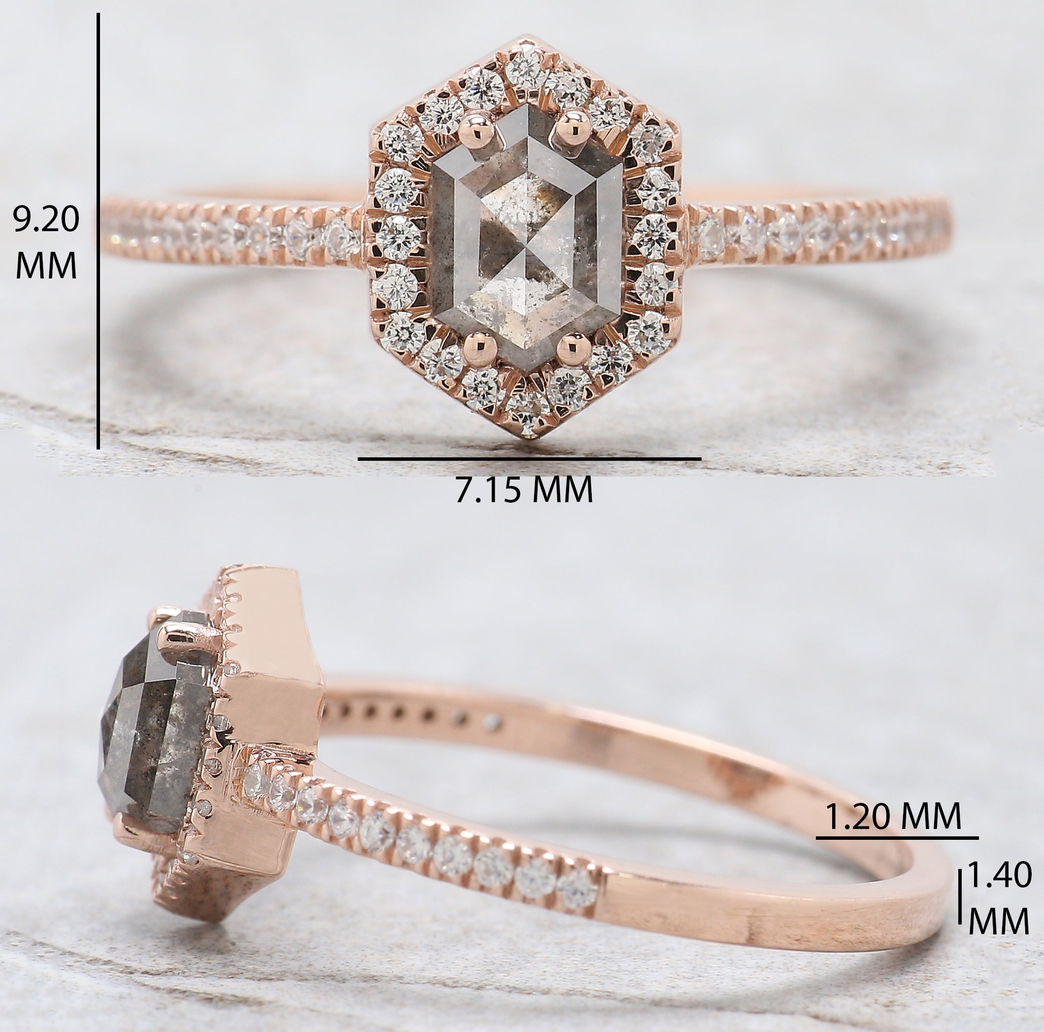 Hexagon Cut Salt And Pepper Diamond Ring 0.74 Ct 6.05 MM Hexagon Diamond Ring 14K Solid Rose Gold Silver Engagement Ring Gift For Her QN585