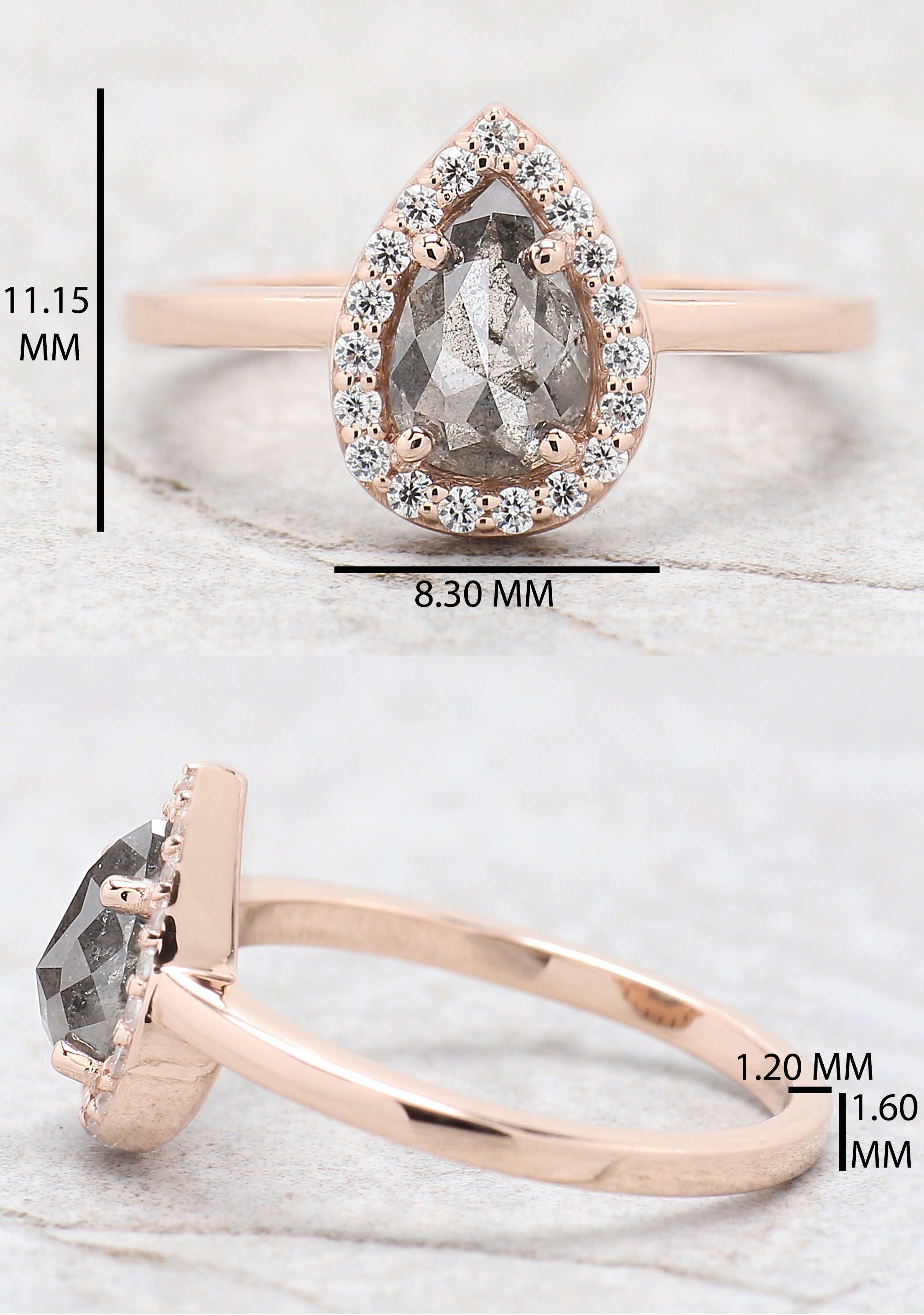 Pear Cut Salt And Pepper Diamond Ring 1.03 Ct 7.70 MM Pear Diamond Ring 14K Solid Rose Gold Silver Pear Engagement Ring Gift For Her QL9950