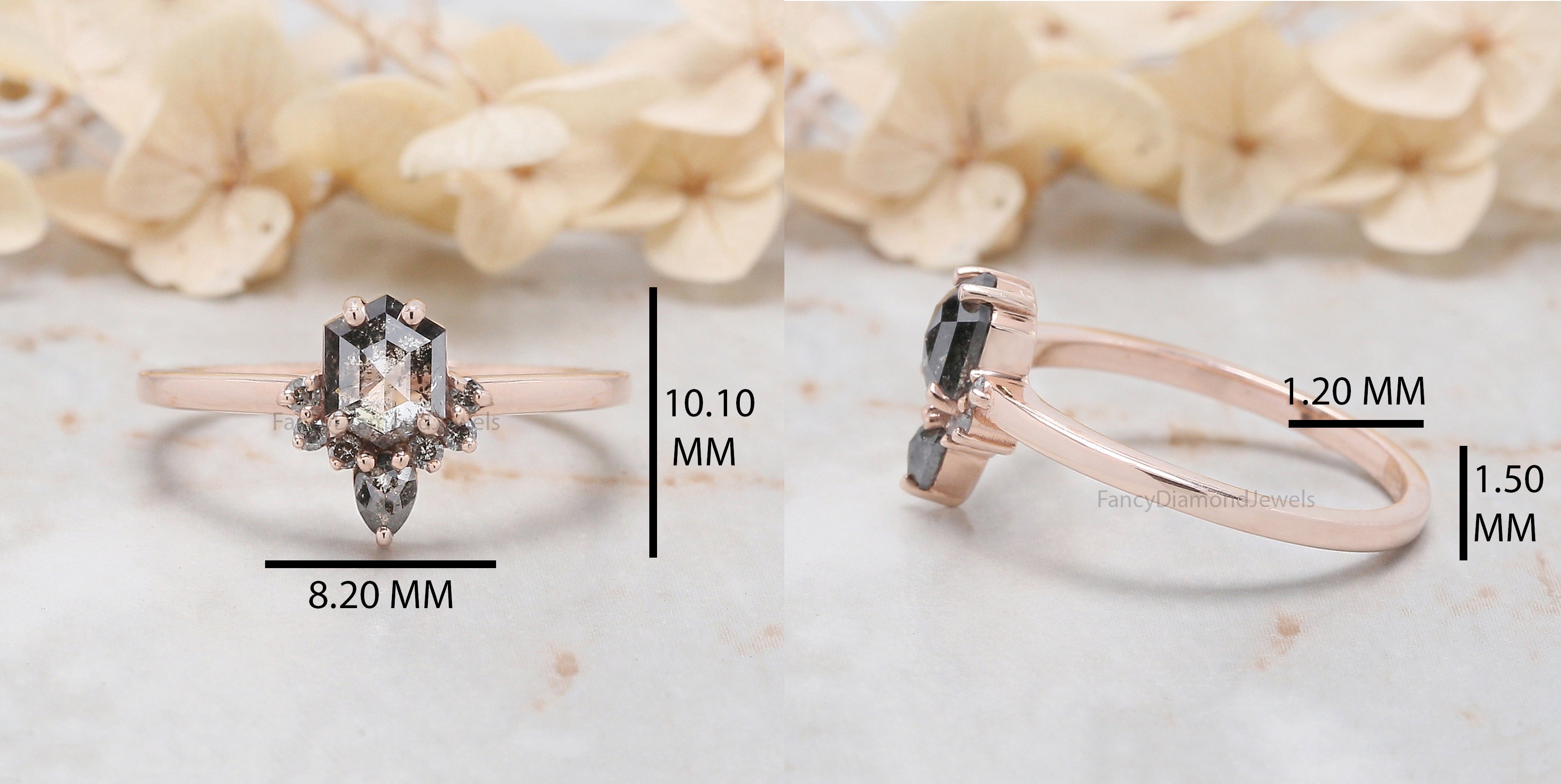 0.69 Ct Natural Hexagon Shape Salt And Pepper Diamond Ring 6.00 MM Hexagon Cut Diamond Ring 14K Solid Rose Gold Silver Engagement Ring QN849