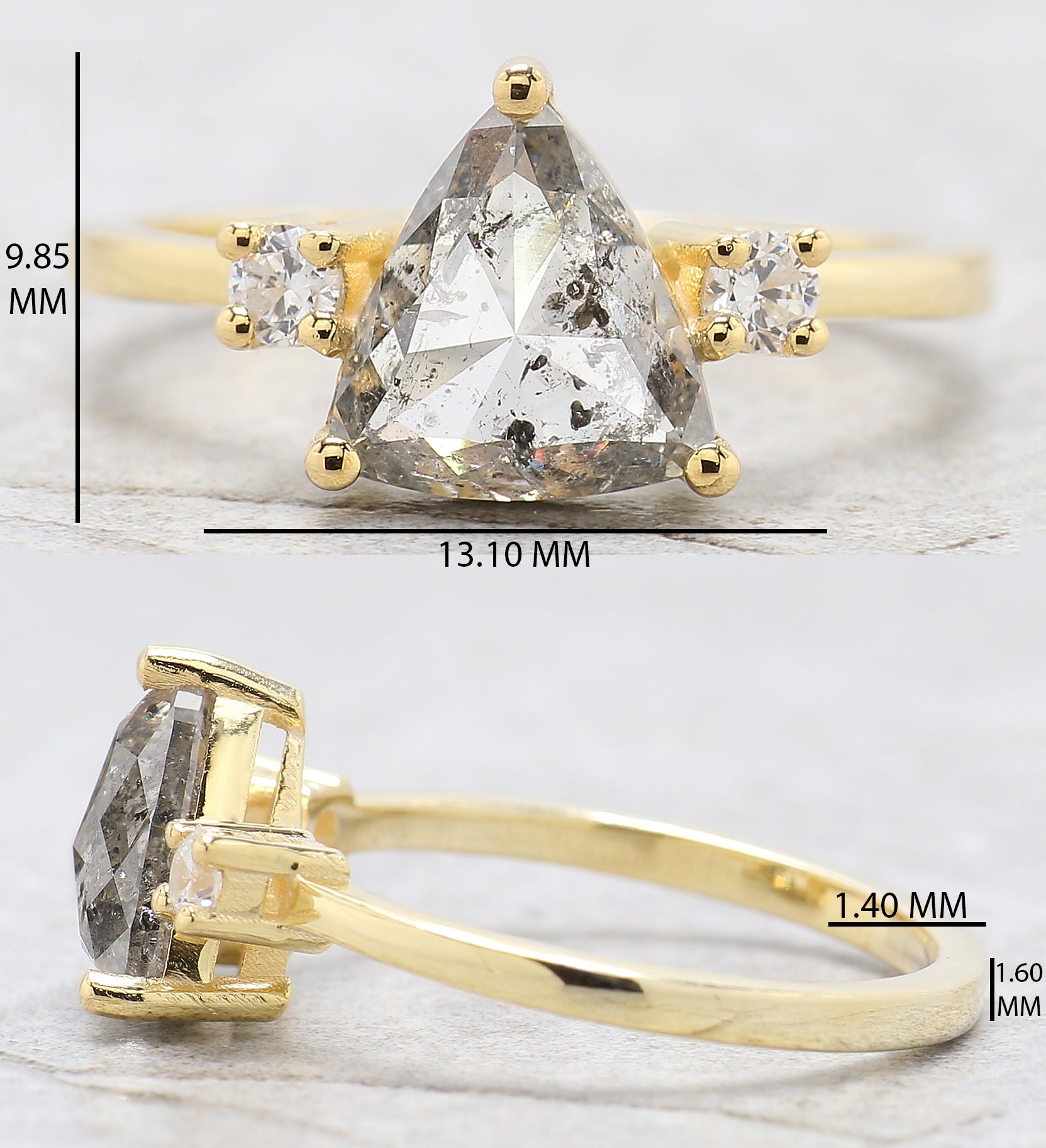 Triangle Cut Salt And Pepper Diamond Ring 2.09 Ct 8.51 MM Triangle Diamond Ring 14K Solid Yellow Gold Silver Engagement Ring Gift For Her QL2592