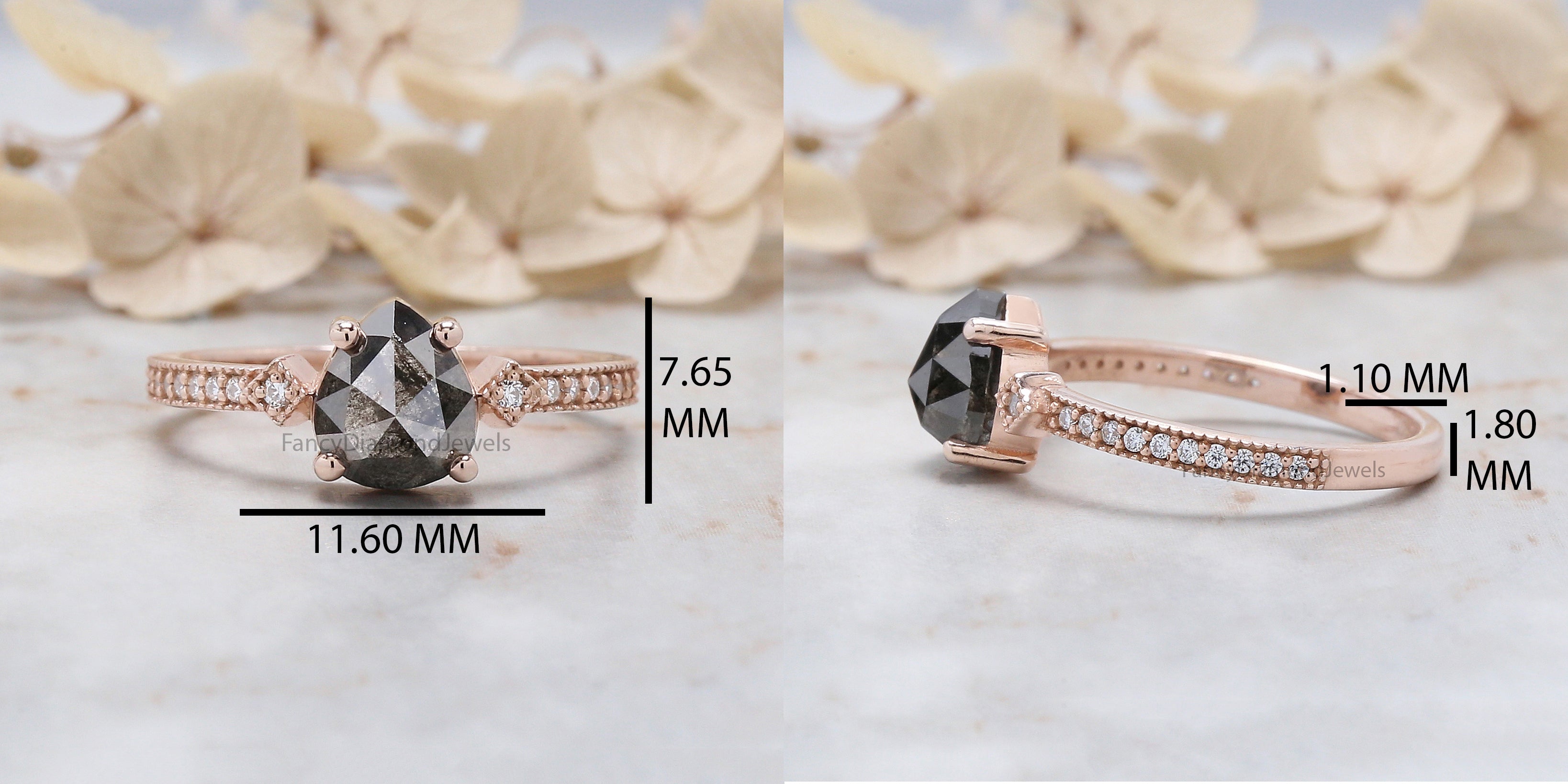 Pear Cut Salt And Pepper Diamond Ring 1.56 Ct 7.40 MM Pear Diamond Ring 14K Solid Rose Gold Silver Pear Engagement Ring Gift For Her QN9477
