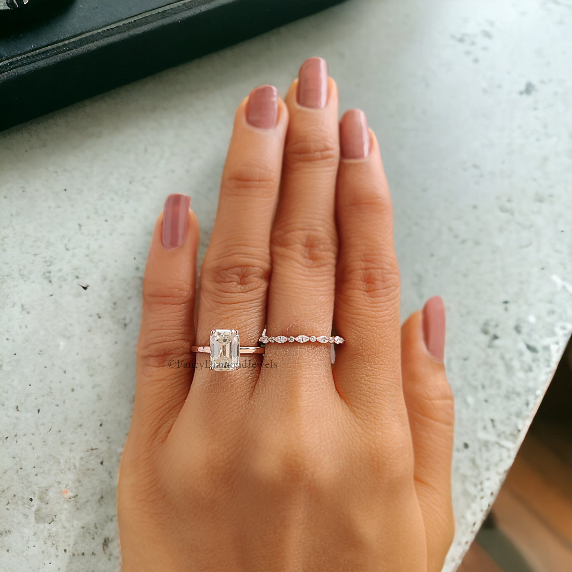 Emerald Cut Moissanite Engagement Ring Set Solitaire Engagement Ring Rose Gold Unique Full Eternity Ring Anniversary Gift For Women FD220