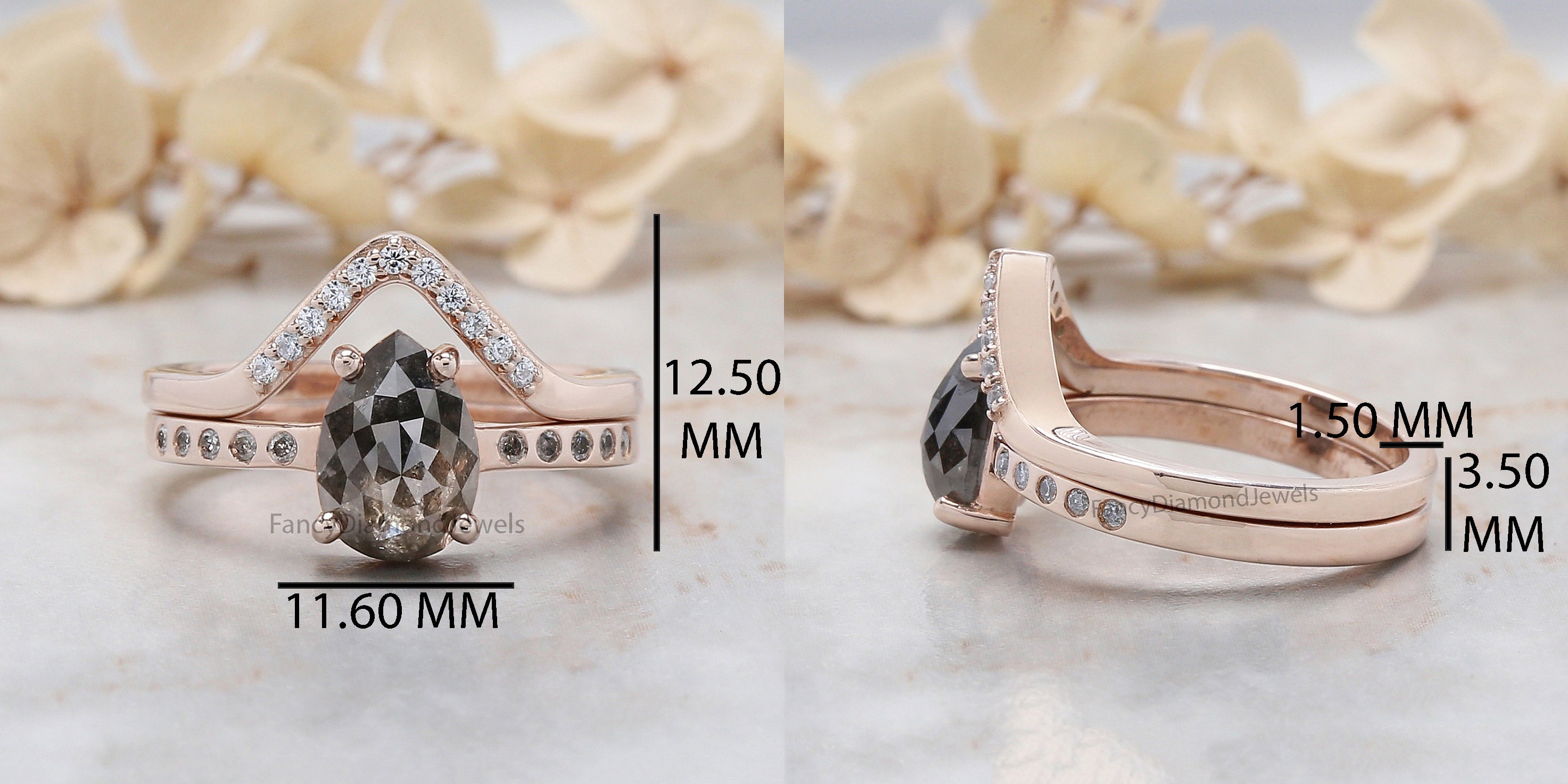 1.70 Ct Natural Pear Salt And Pepper Diamond Ring 9.00 MM Pear Cut Diamond Ring 14K Solid Rose Gold Silver Engagement Ring Pear Ring QL8120