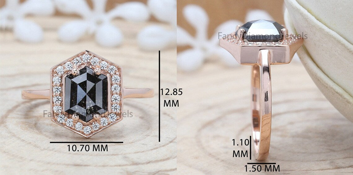 Hexagon Cut Salt And Pepper Diamond Ring 1.55 Ct 8.00 MM Hexagon Diamond Ring 14K Solid Rose Gold Silver Engagement Ring Gift For Her QL734