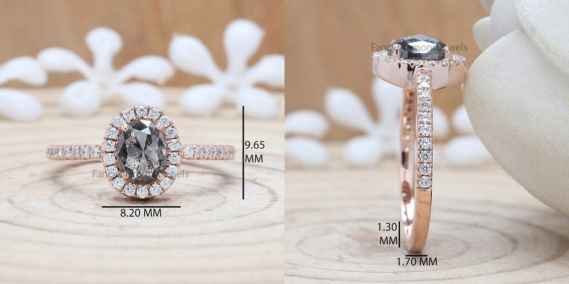 Oval Cut Salt And Pepper Diamond Ring 0.88 Ct 6.60 MM Oval Diamond Ring 14K Solid Rose Gold Silver Oval Engagement Ring Gift For Her QN941