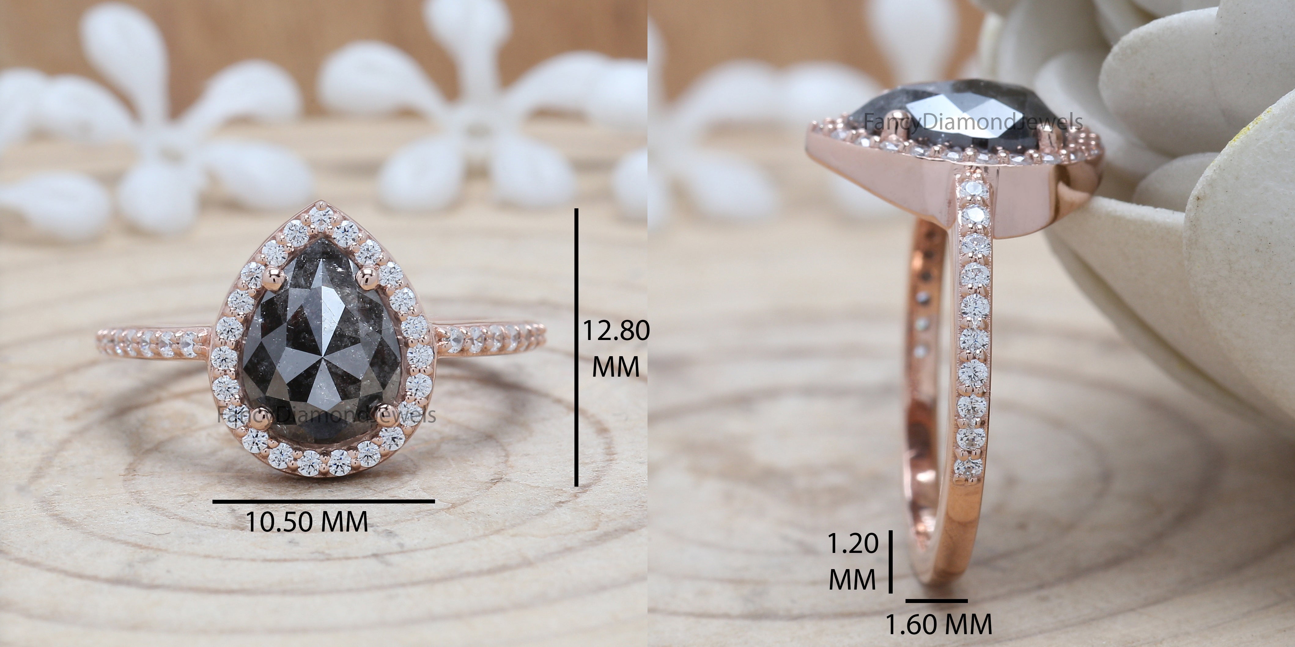 Pear Cut Salt And Pepper Diamond Ring 1.91 Ct 9.50 MM Pear Diamond Ring 14K Solid Rose Gold Silver Pear Engagement Ring Gift For Her QN797