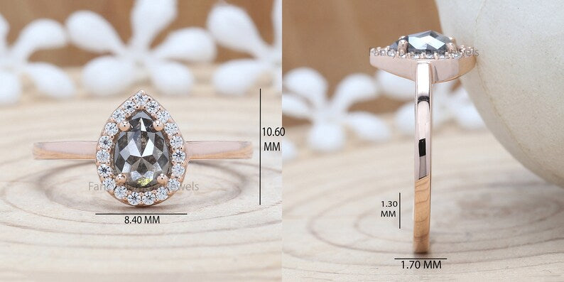 Pear Cut Salt And Pepper Diamond Ring 0.86 Ct 7.00 MM Pear Diamond Ring 14K Solid Rose Gold Silver Pear Engagement Ring Gift For Her QN9364