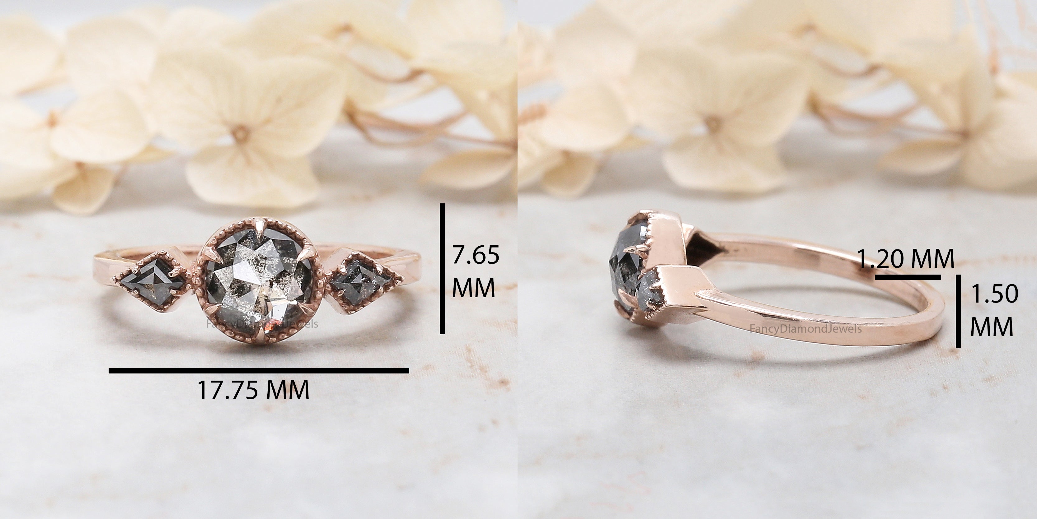 Round Rose Cut Salt And Pepper Diamond Ring 1.08 Ct 6.35 MM Round Diamond Ring 14K Rose Gold Silver Engagement Ring Gift For Her QL1402