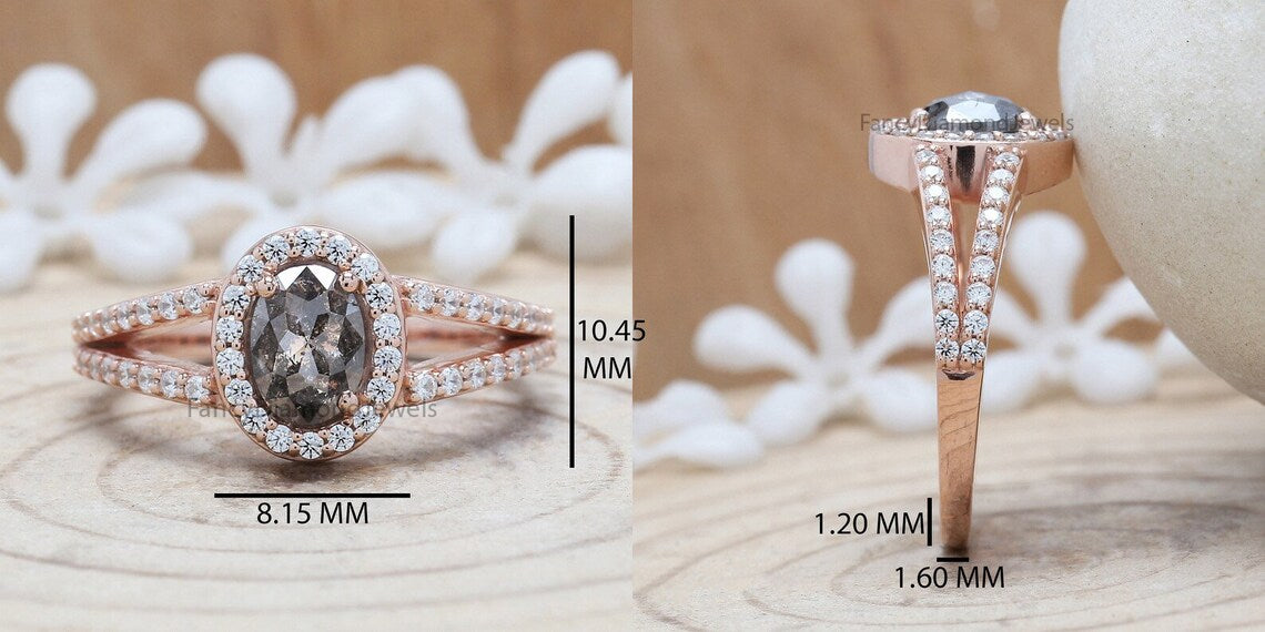 Oval Cut Salt And Pepper Diamond Ring 0.84 Ct 6.95 MM Oval Diamond Ring 14K Solid Rose Gold Silver Oval Engagement Ring Gift For Her QN829