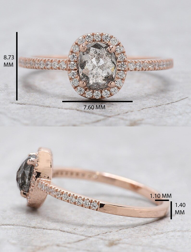 Oval Cut Salt And Pepper Diamond Ring 0.68 Ct 5.90 MM Oval Diamond Ring 14K Solid Rose Gold Silver Oval Engagement Ring Gift For Her QL8745