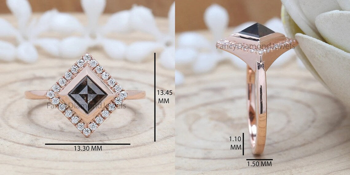 Kite Cut Salt And Pepper Diamond Ring 0.94 Ct 7.50 MM Kite Diamond Ring 14K Solid Rose Gold Silver Kite Engagement Ring Gift For Her QN489