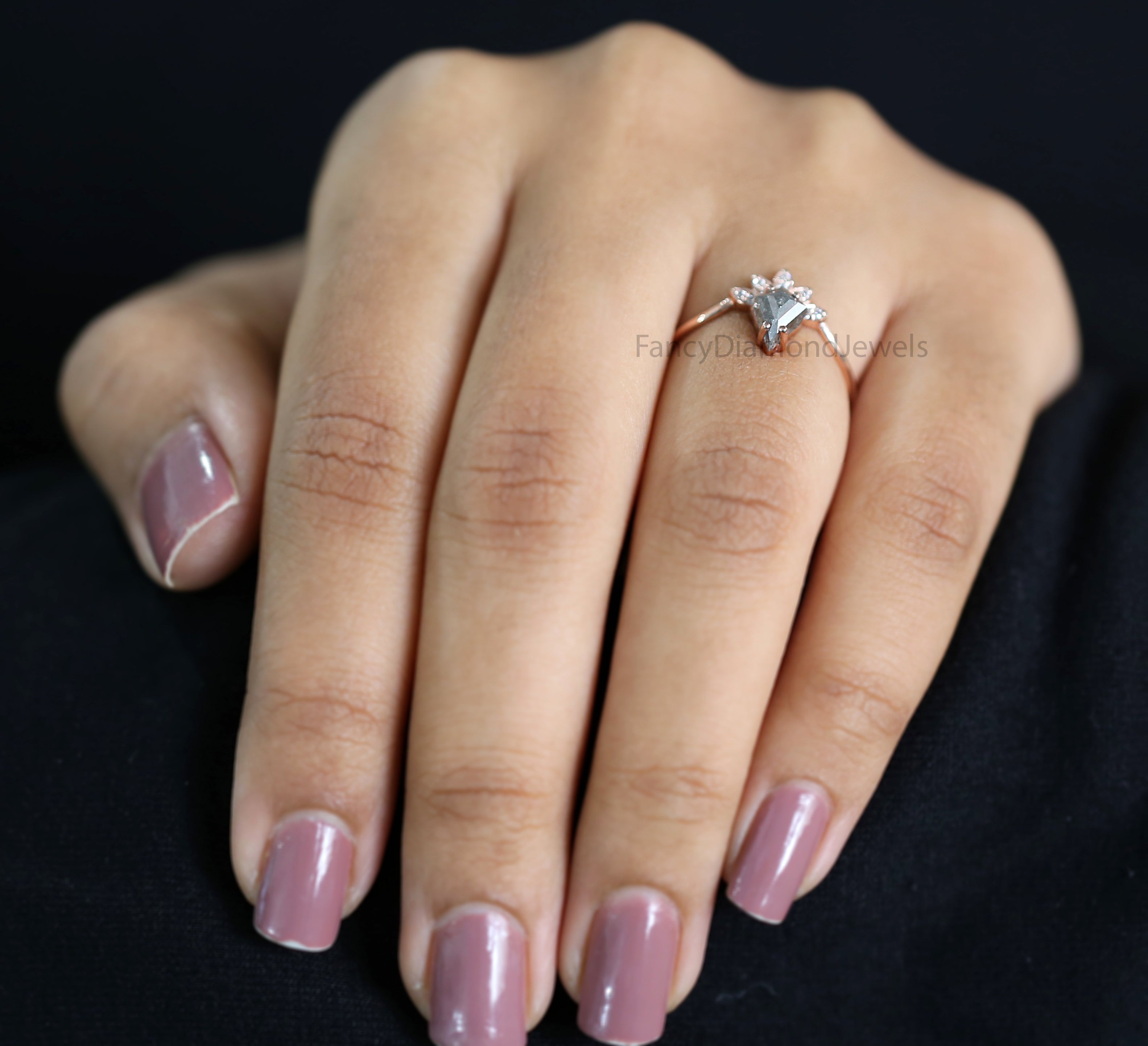 Kite Cut Salt And Pepper Diamond Ring 0.68 Ct 6.85 MM Kite Diamond Ring 14K Solid Rose Gold Silver Kite Engagement Ring Gift For Her QL1342