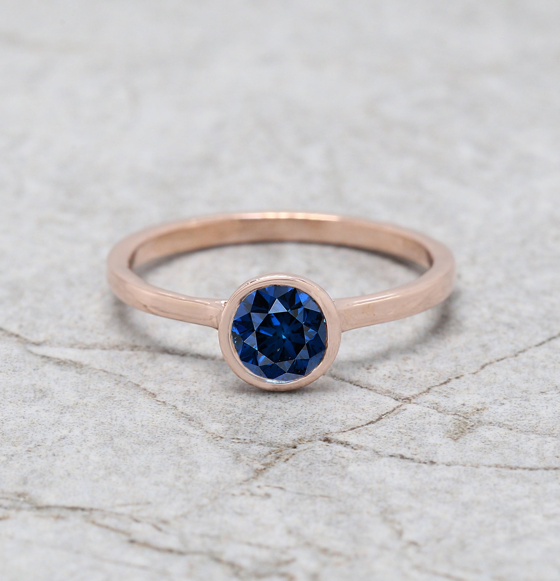 Round Shape Blue Color Diamond Ring 0.60 Ct 5.15 MM Round Cut Diamond Ring 14K Solid Rose Gold Silver Engagement Ring Gift For Her QL1659
