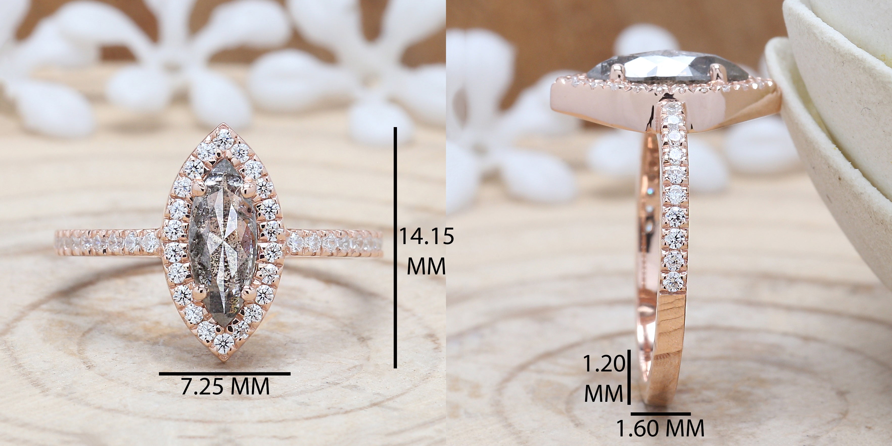Marquise Salt And Pepper Diamond Ring 0.73 Ct 9.90 MM Marquise Diamond Ring 14K Solid Rose Gold Silver Engagement Ring Gift For Her QL780