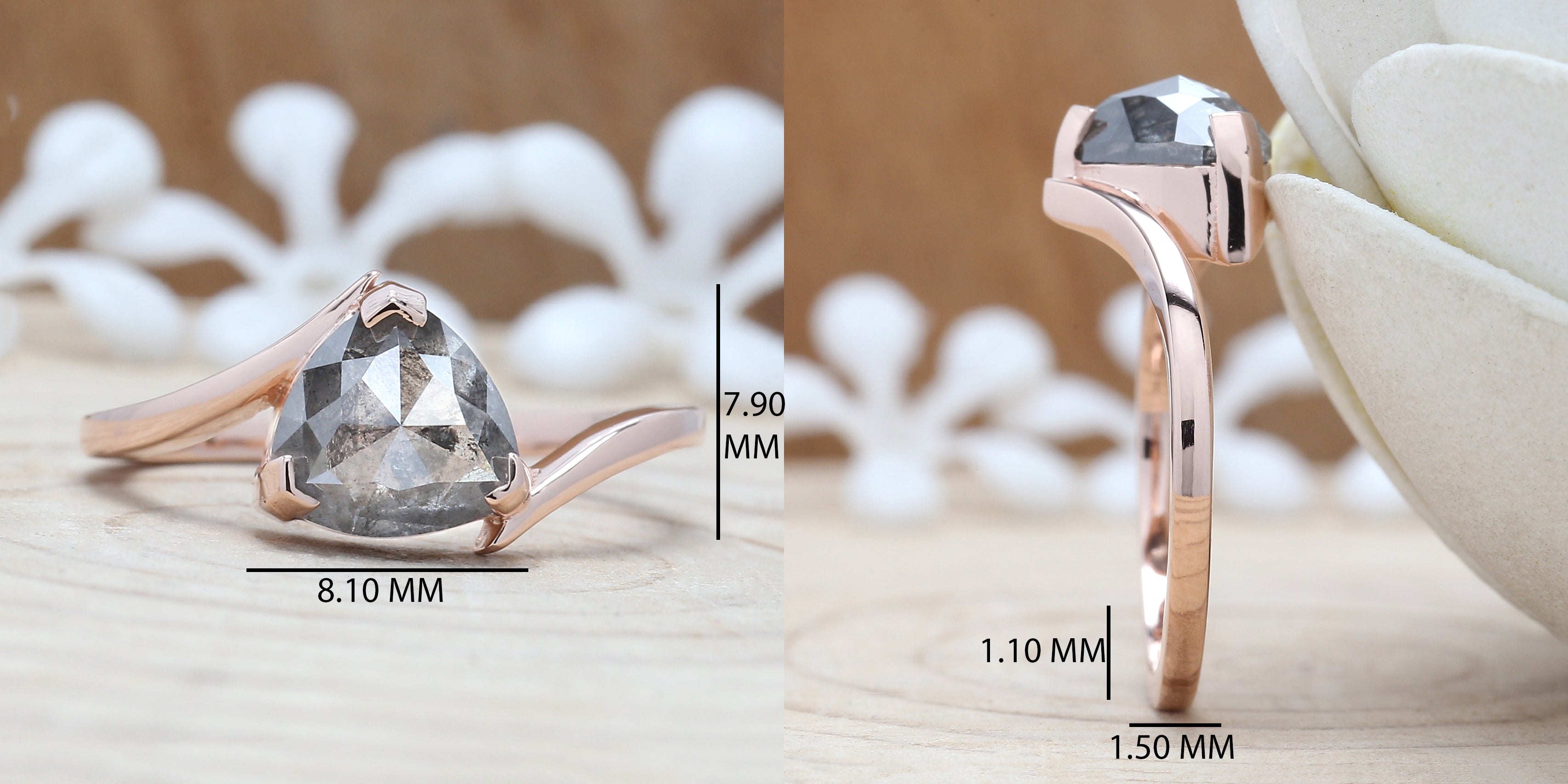 Triangle Cut Salt And Pepper Diamond Ring 1.79 Ct 7.90 MM Triangle Diamond Ring 14K Solid Rose Gold Silver Engagement Ring Gift For Her QL8570