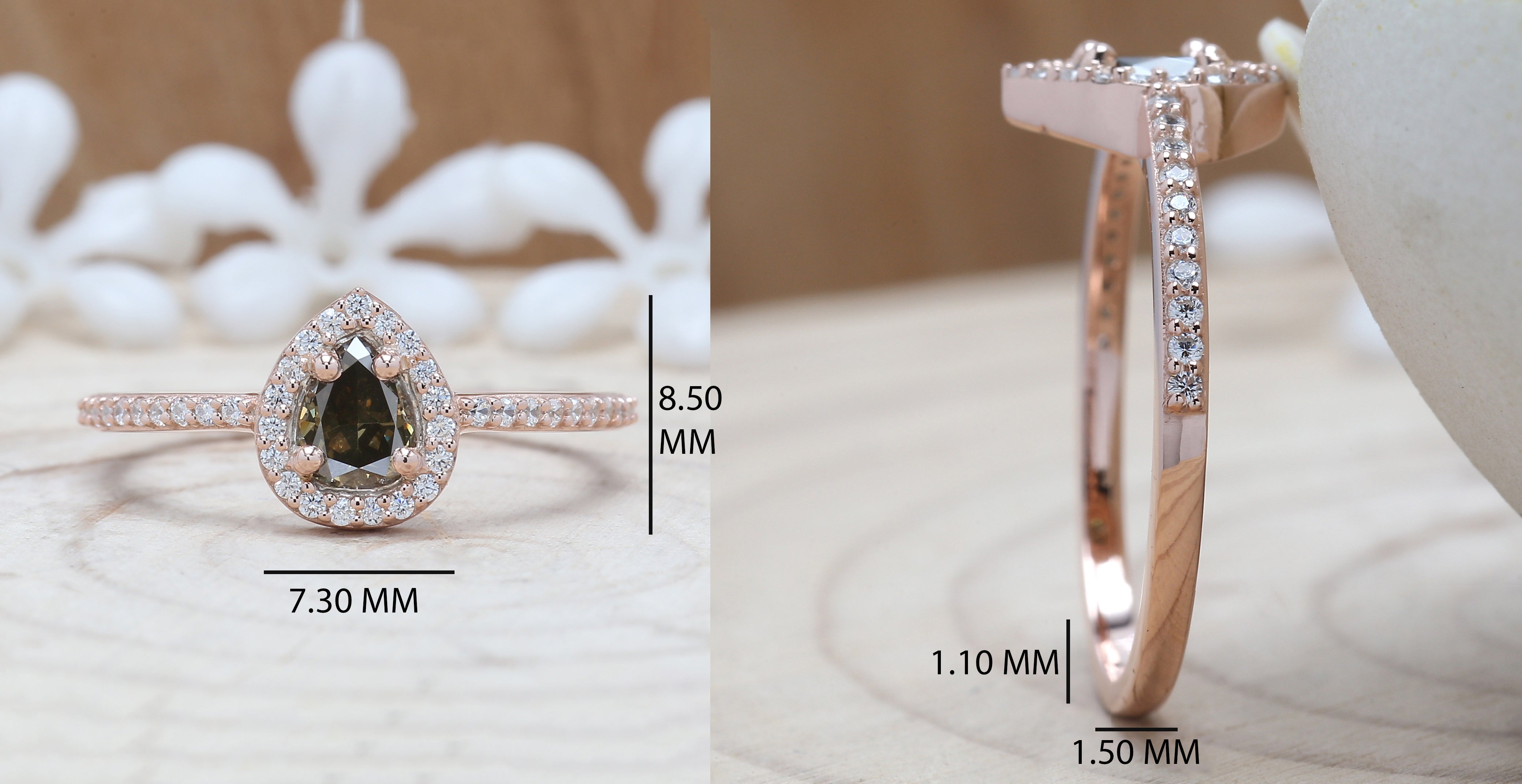 Pear Cut Green Color Diamond Ring 0.37 Ct 5.45 MM Pear Shape Diamond Ring 14K Solid Rose Gold Silver Engagement Ring Gift For Her QL5135