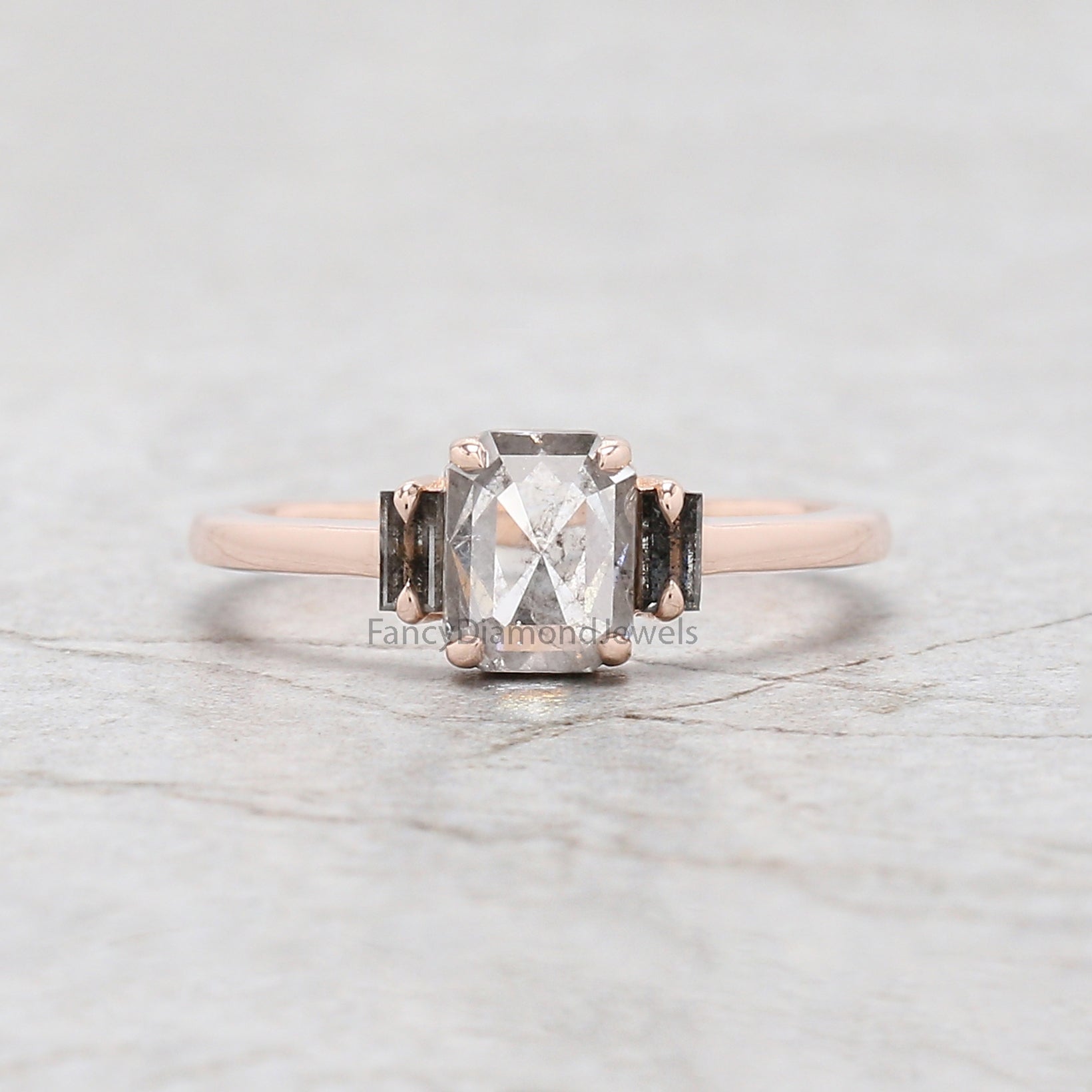 Emerald Cut Salt And Pepper Diamond Ring 0.95 Ct 6.45 MM Emerald Diamond Ring 14K Solid Rose Gold Silver Engagement Ring Gift For Her QL2745