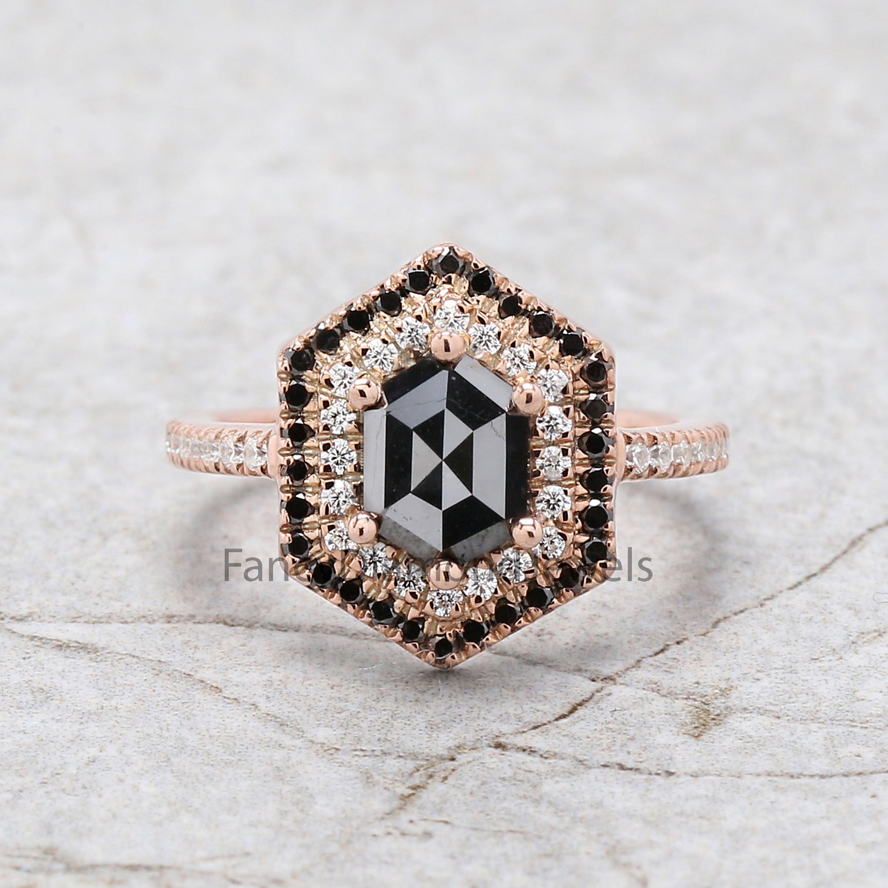 Hexagon Black Color Diamond Ring 1.26 Ct 7.95 MM Hexagon Shape Diamond Ring 14K Solid Rose Gold Silver Engagement Ring Gift For Her QL9083