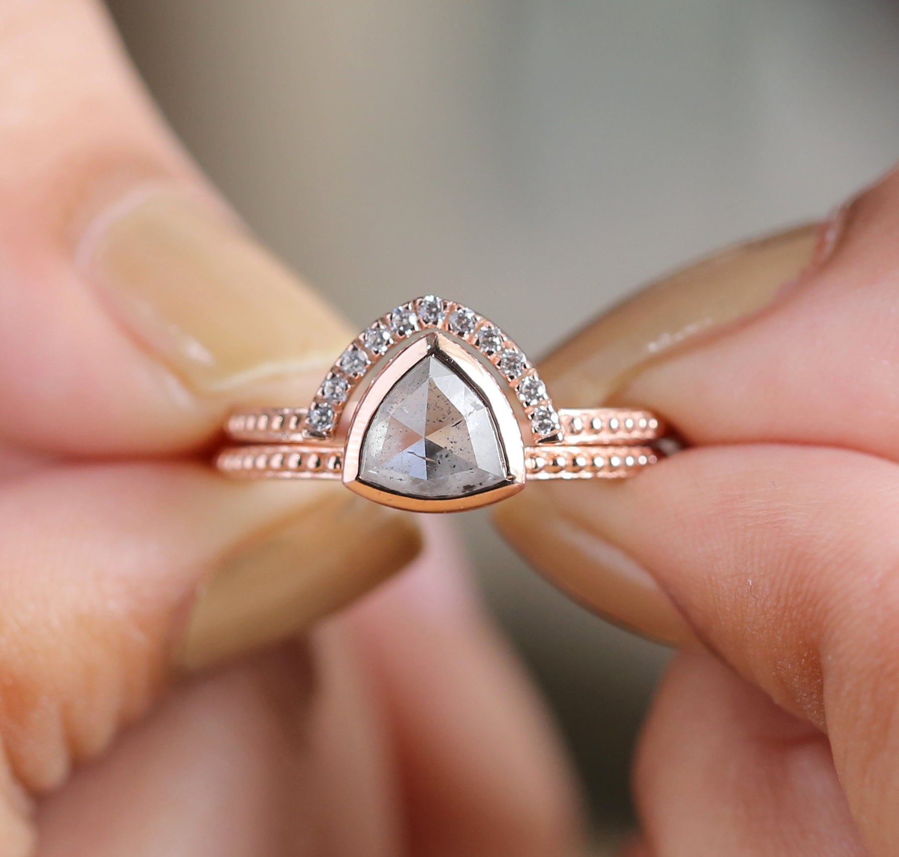 Triangle Salt And Pepper Diamond Ring 1.12 Ct 6.60 MM Triangle Diamond Ring 14K Solid Rose Gold Silver Engagement Ring Gift For Her QN8947