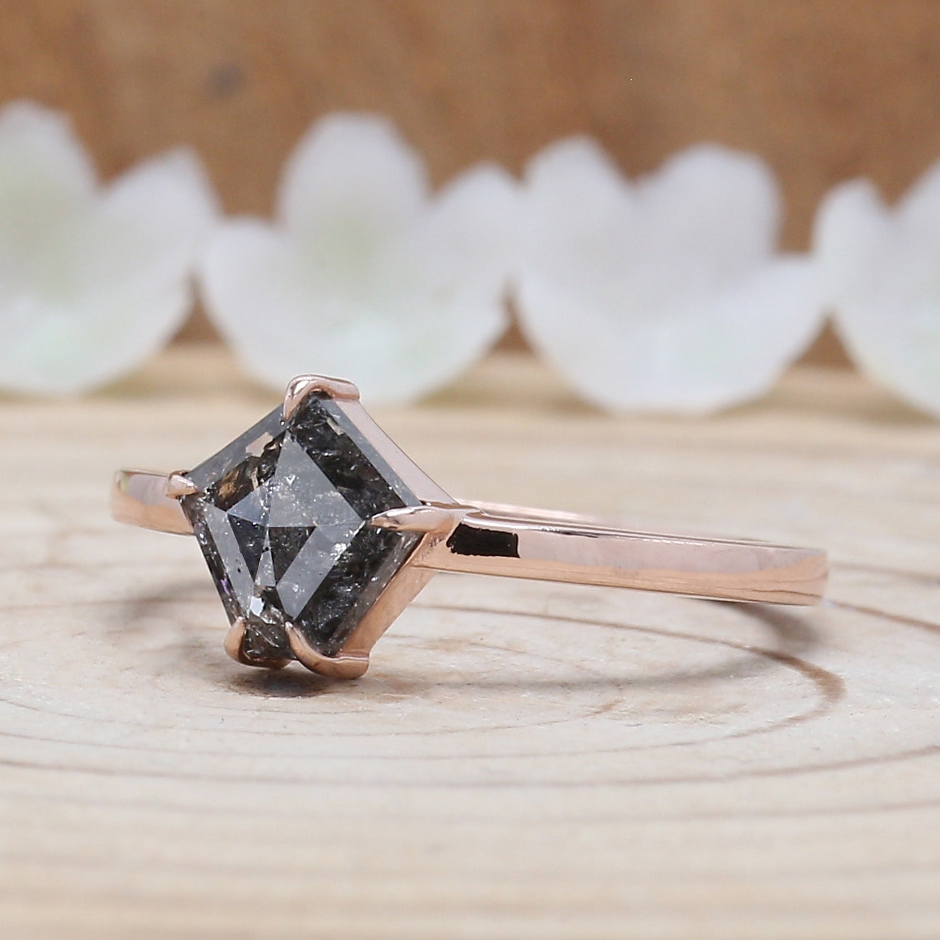 Pentagon Cut Salt And Pepper Diamond Ring 1.10 Ct 7.45 MM Pentagon Diamond Ring 14K Rose Gold Silver Engagement Ring Gift For Her QL601