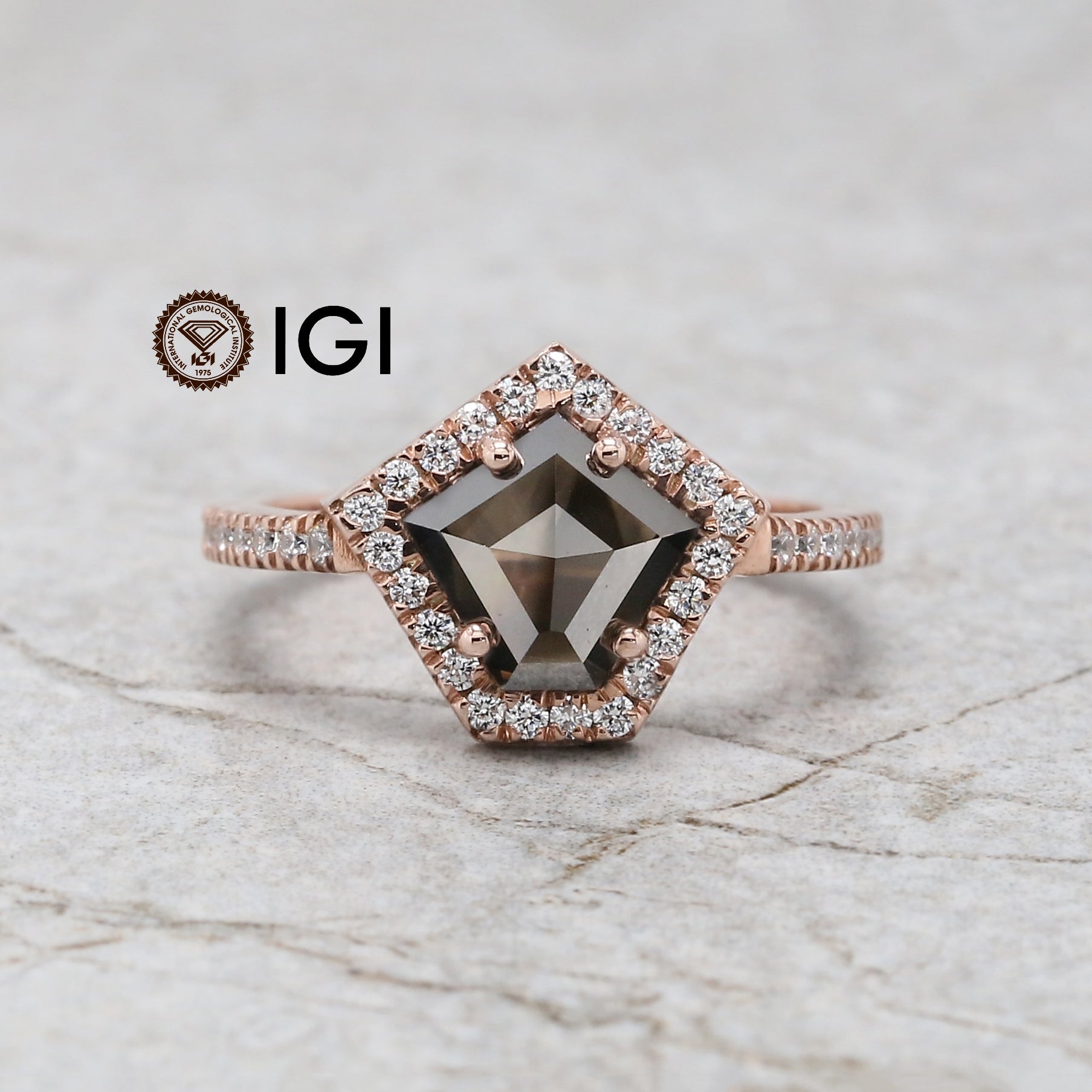 IGI Certified Pentagon Black Color Diamond Ring 1.74 Ct 8.05 MM Pentagon Diamond Ring 14K Solid Rose Gold Silver Engagement Gift Ring QL9381