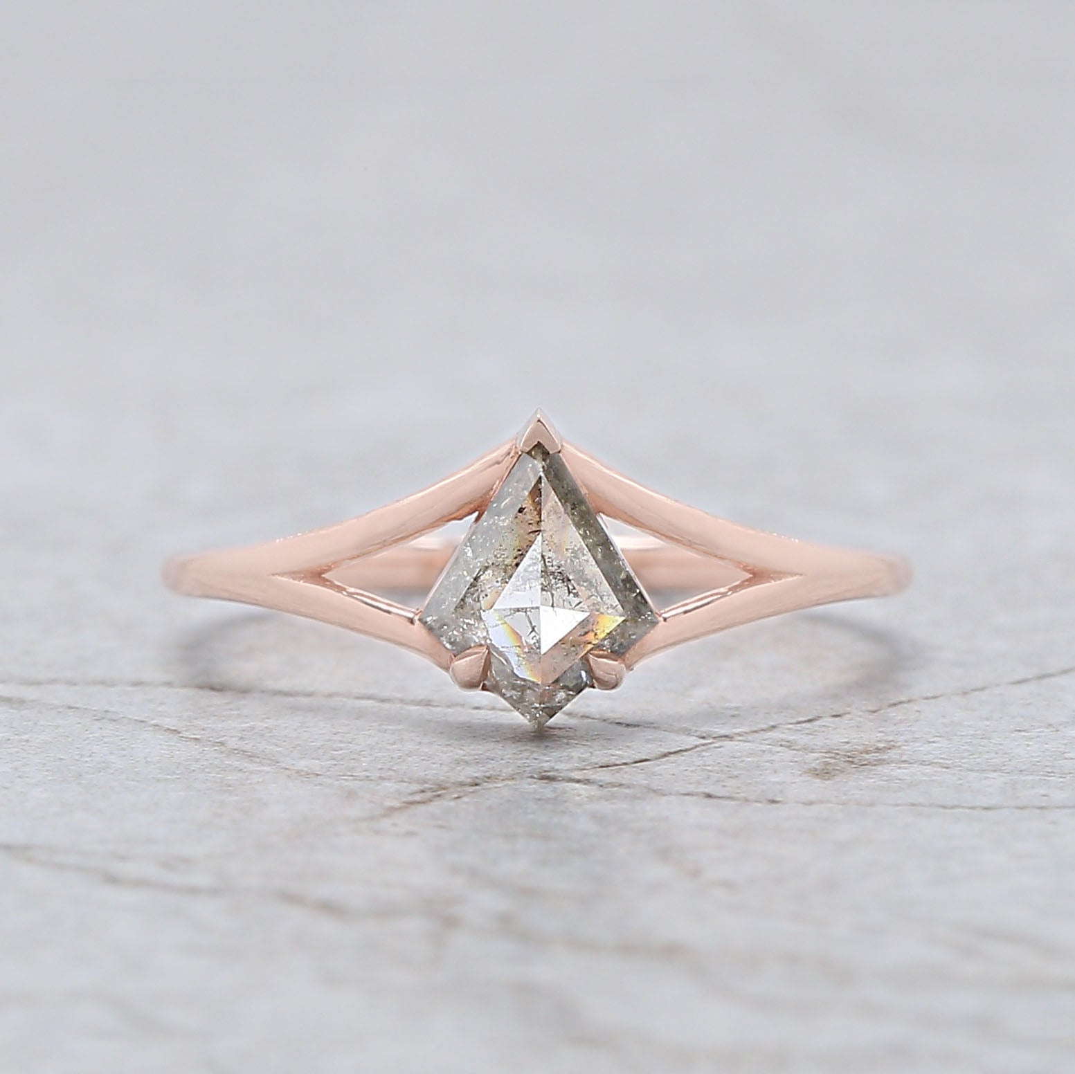 Kite Cut Salt And Pepper Diamond Ring 0.63 Ct 7.48 MM Kite Diamond Ring 14K Solid Rose Gold Silver Kite Engagement Ring Gift For Her QL2041
