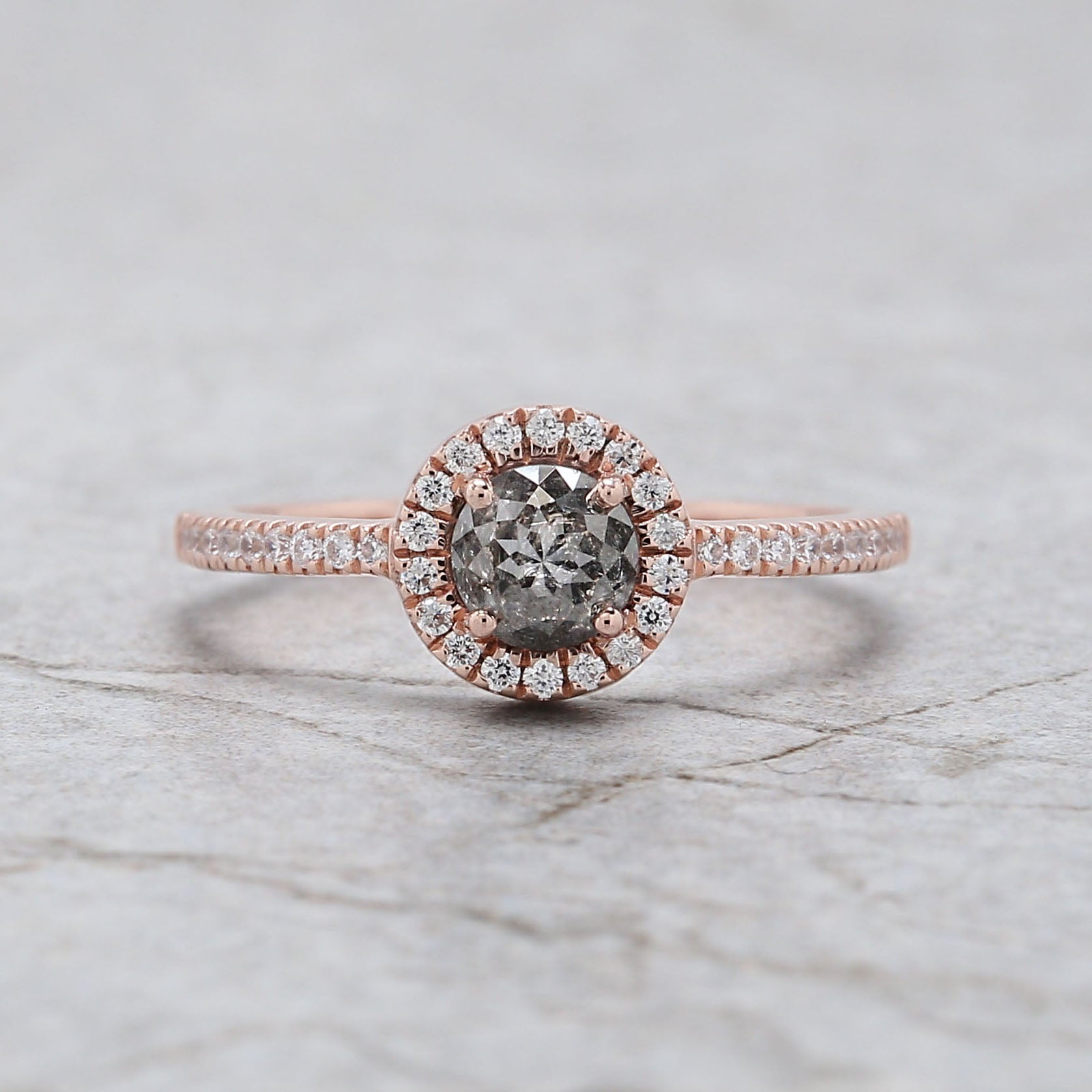 Round Rose Cut Salt And Pepper Diamond Ring 0.61 Ct 4.80 MM Round Diamond Ring 14K Rose Gold Silver Engagement Ring Gift For Her QN9744