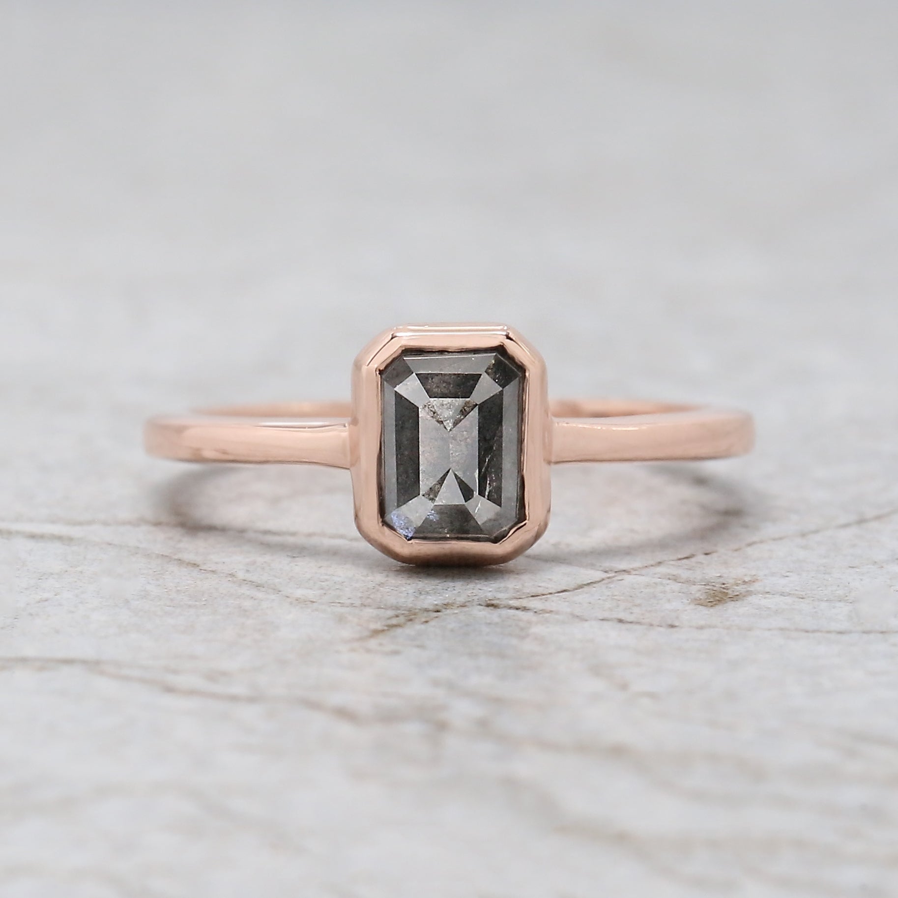 Emerald Cut Salt And Pepper Diamond Ring 1.11 Ct 6.30 MM Emerald Diamond Ring 14K Solid Rose Gold Silver Engagement Ring Gift For Her QL944