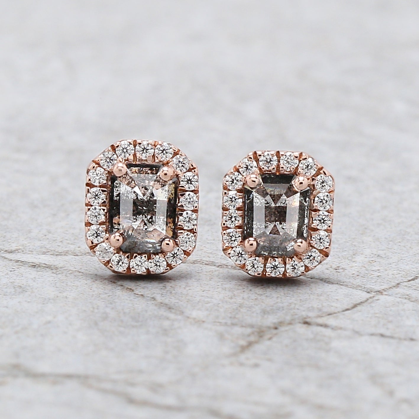 0.65Ct Natural Emerald Salt and Pepper Diamond Earring 4.80 MM Emerald Diamond Earring 14K Solid Rose Gold Silver Engagement Earring QL2544
