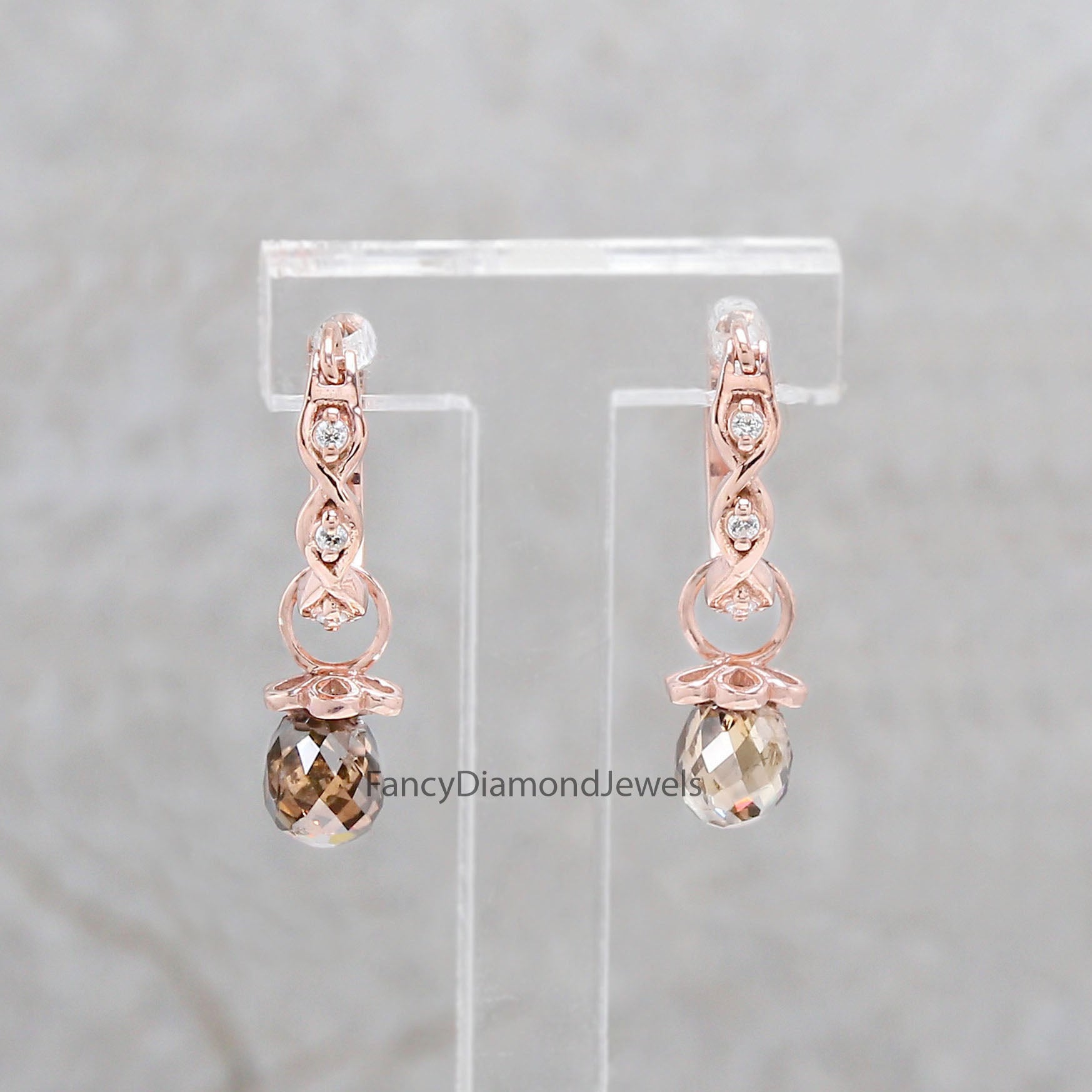 Drop Cut Brown Color Diamond Earring 1.34 Ct 5.15 MM Drop Diamond Earring 14K Solid Rose Gold Silver Engagement Earring Gift For Her KDN840