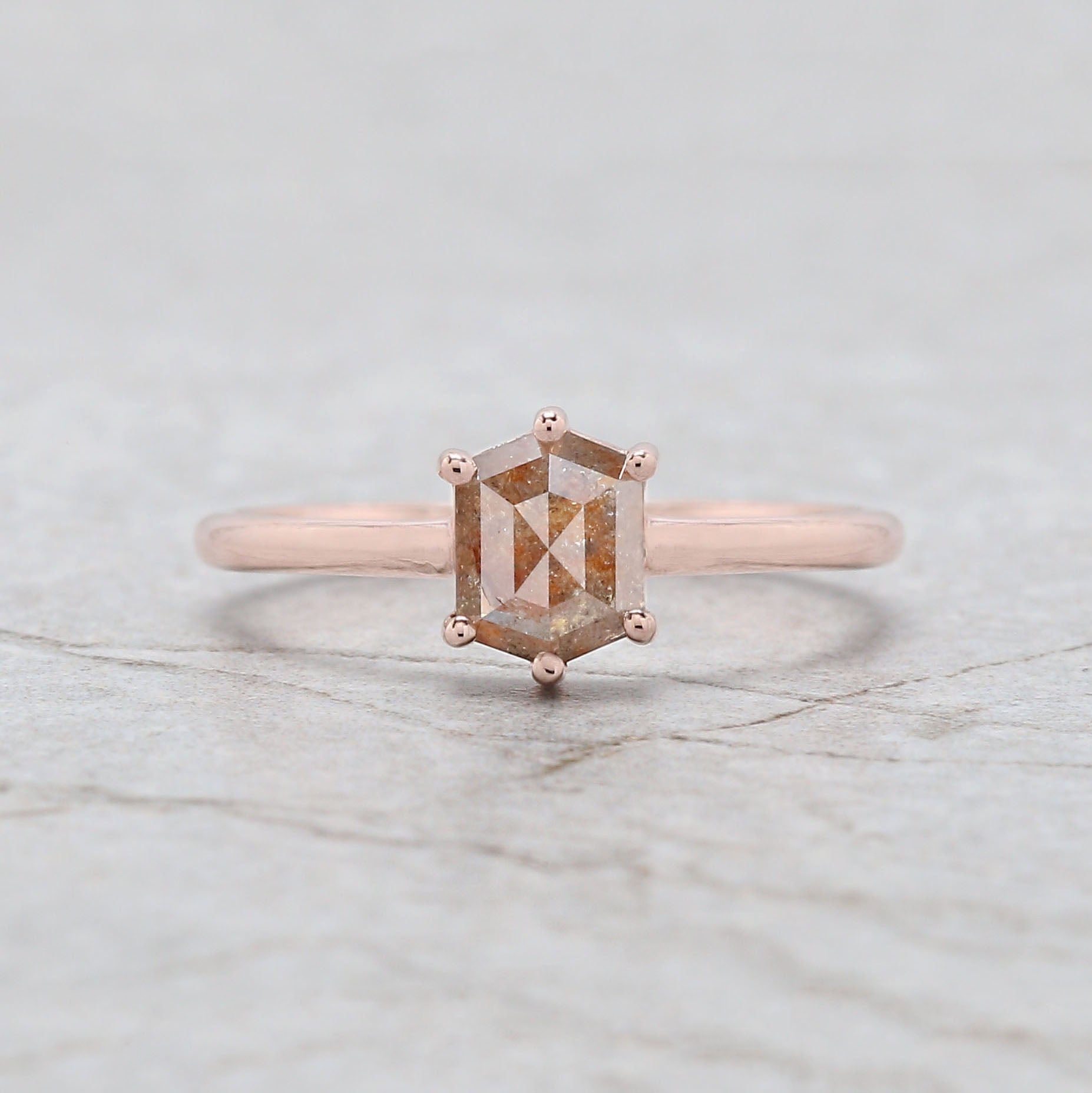 Hexagon Brown Color Diamond Ring 1.16 Ct 6.54 MM Hexagon Shape Diamond Ring 14K Solid Rose Gold Silver Engagement Ring Gift For Her QN2181