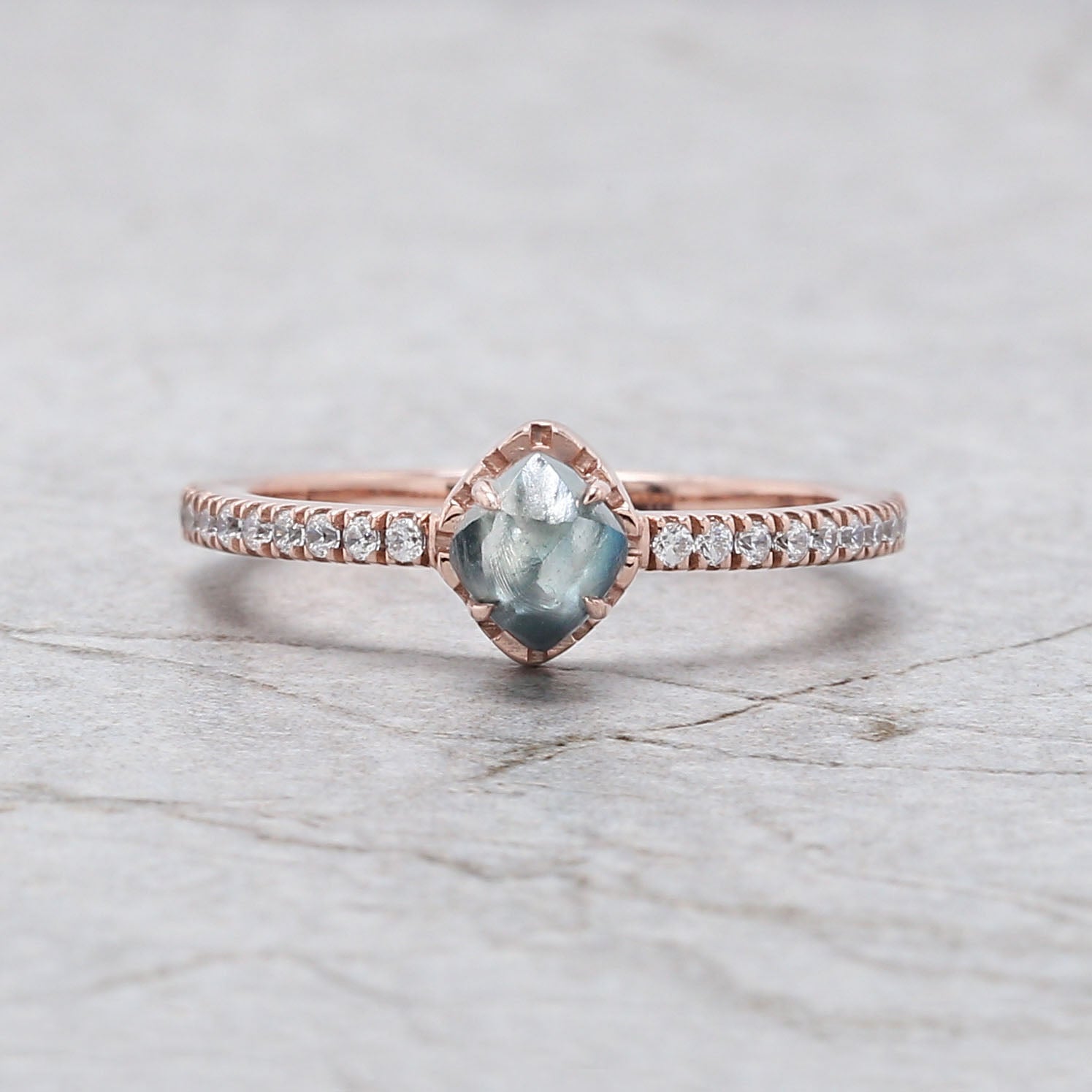 Rough Blue Color Diamond Ring 0.79 Ct 5.43 MM Crystal Rough Diamond Ring 14K Solid Rose Gold Silver Engagement Ring Gift For Her QL2225