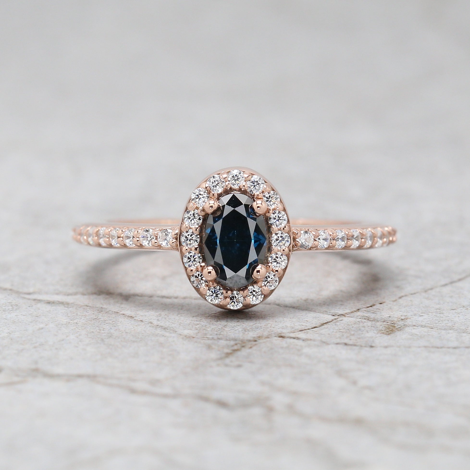 Oval Cut Blue Color Diamond Ring 0.55 Ct 6.00 MM Blue Oval Shape Diamond Ring 14K Solid Rose Gold Silver Engagement Ring Gift For Her QL8522