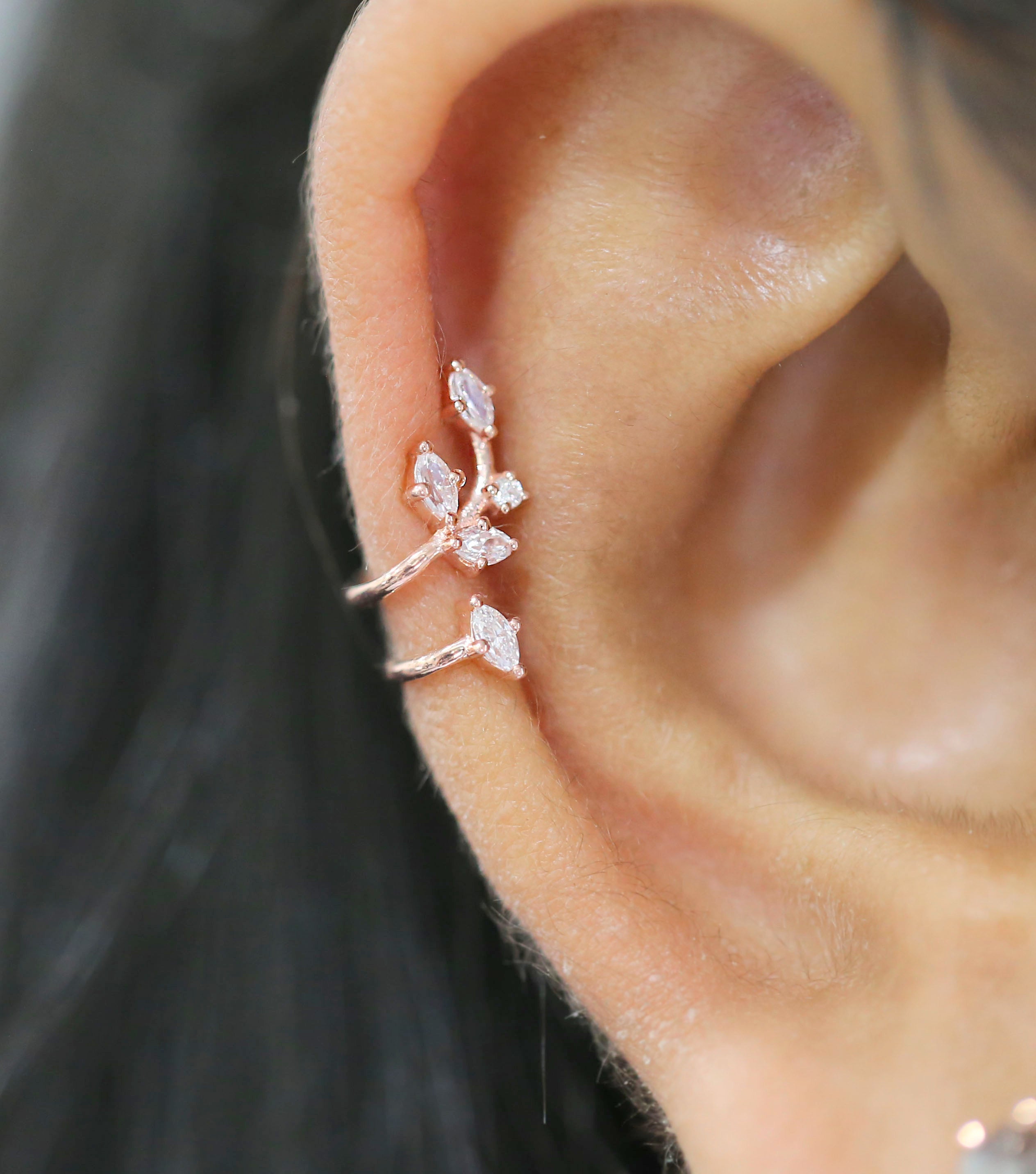 Marquise Round Shape White Color Diamond 14K Solid Rose White Yellow Gold Ear Cuff Ring Engagement Wedding Gift Ear Cuff KD1079