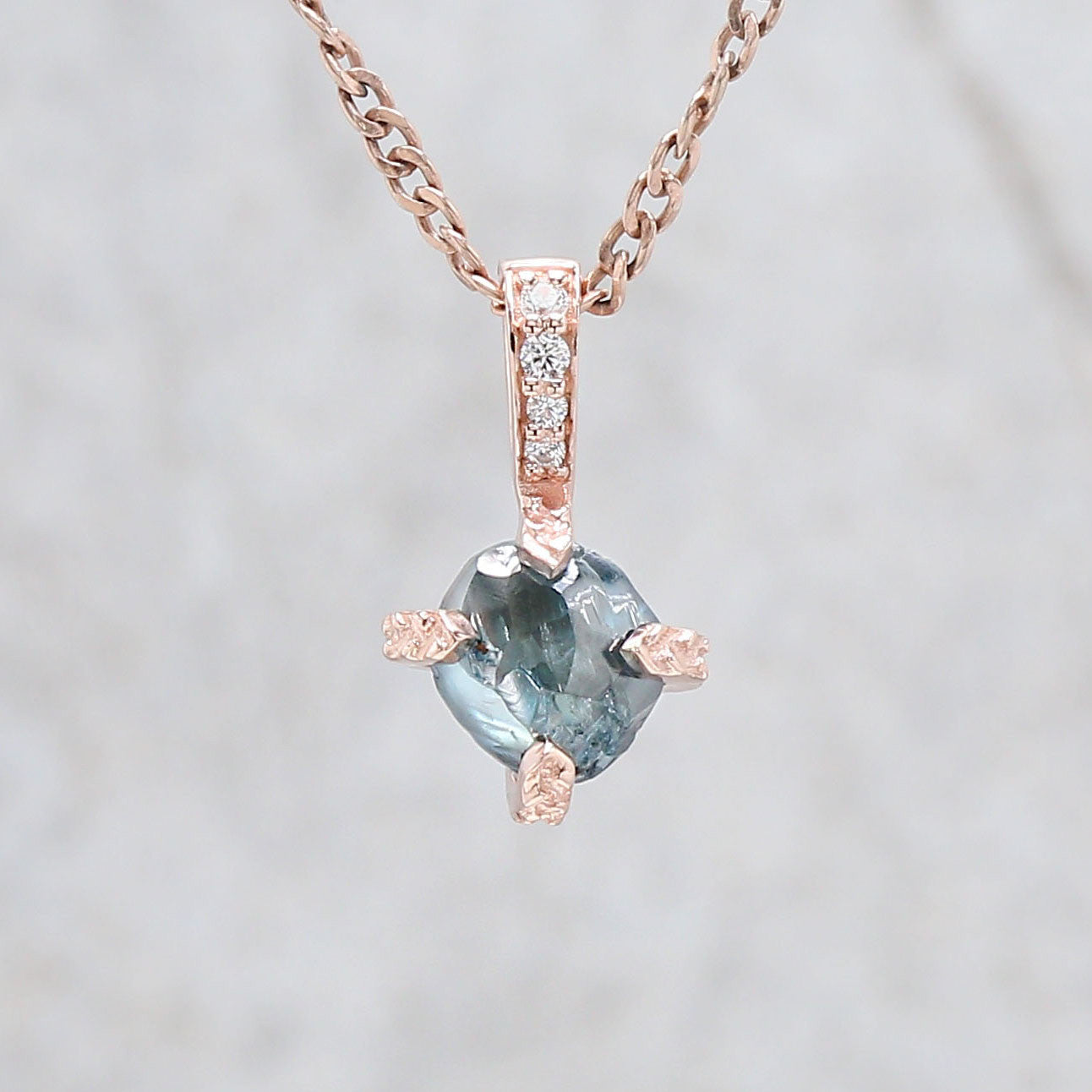 Rough Blue Color Diamond Pendant 1.36 Ct 6.31 MM Uncut Diamond Pendant 14K Solid Rose Gold Silver Engagement Pendant Gift For Her QL2343