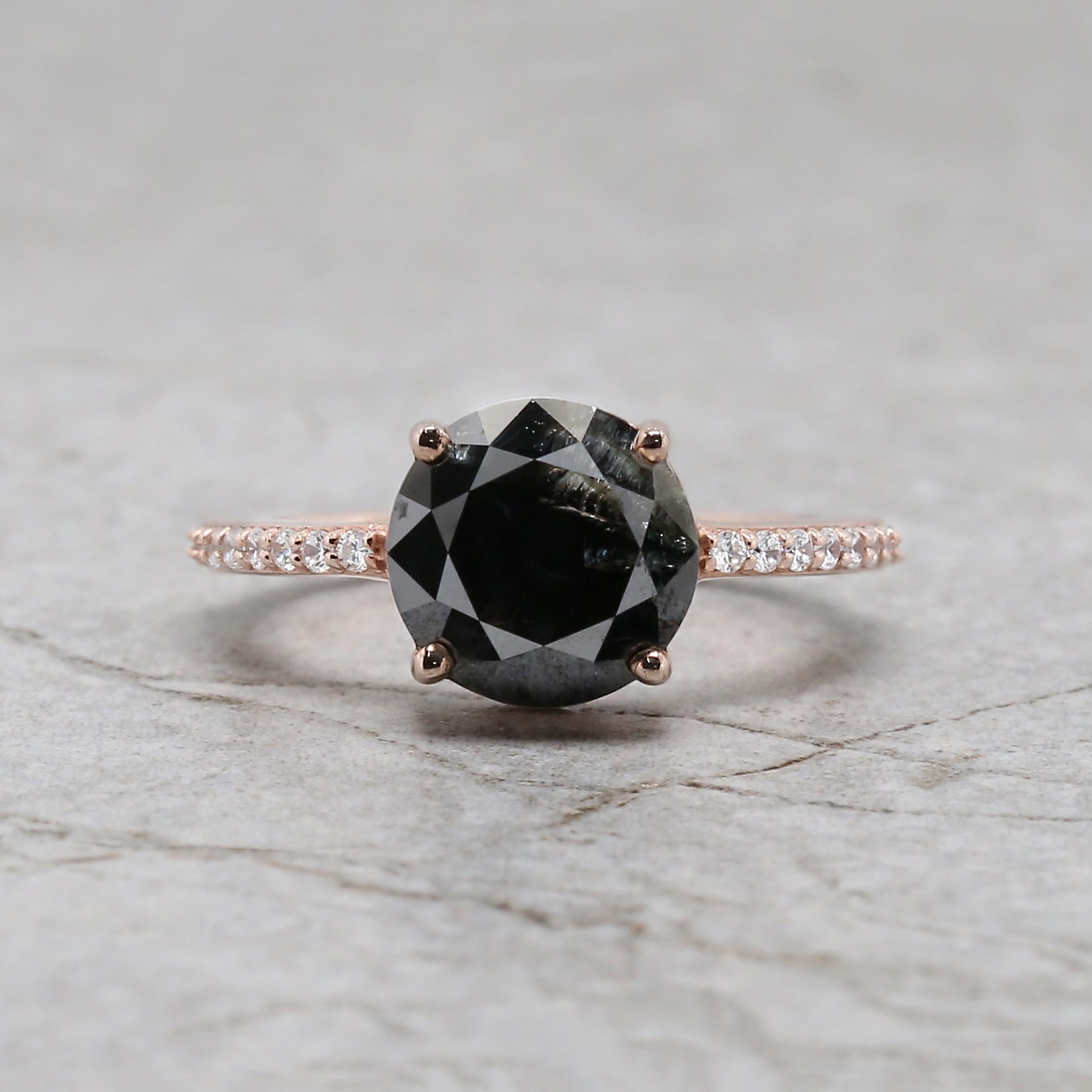 Round Cut Black Color Diamond Ring 2.93 Ct 9.00 MM Round Shape Diamond Ring 14K Solid Rose Gold Silver Engagement Ring Gift For Her QL389