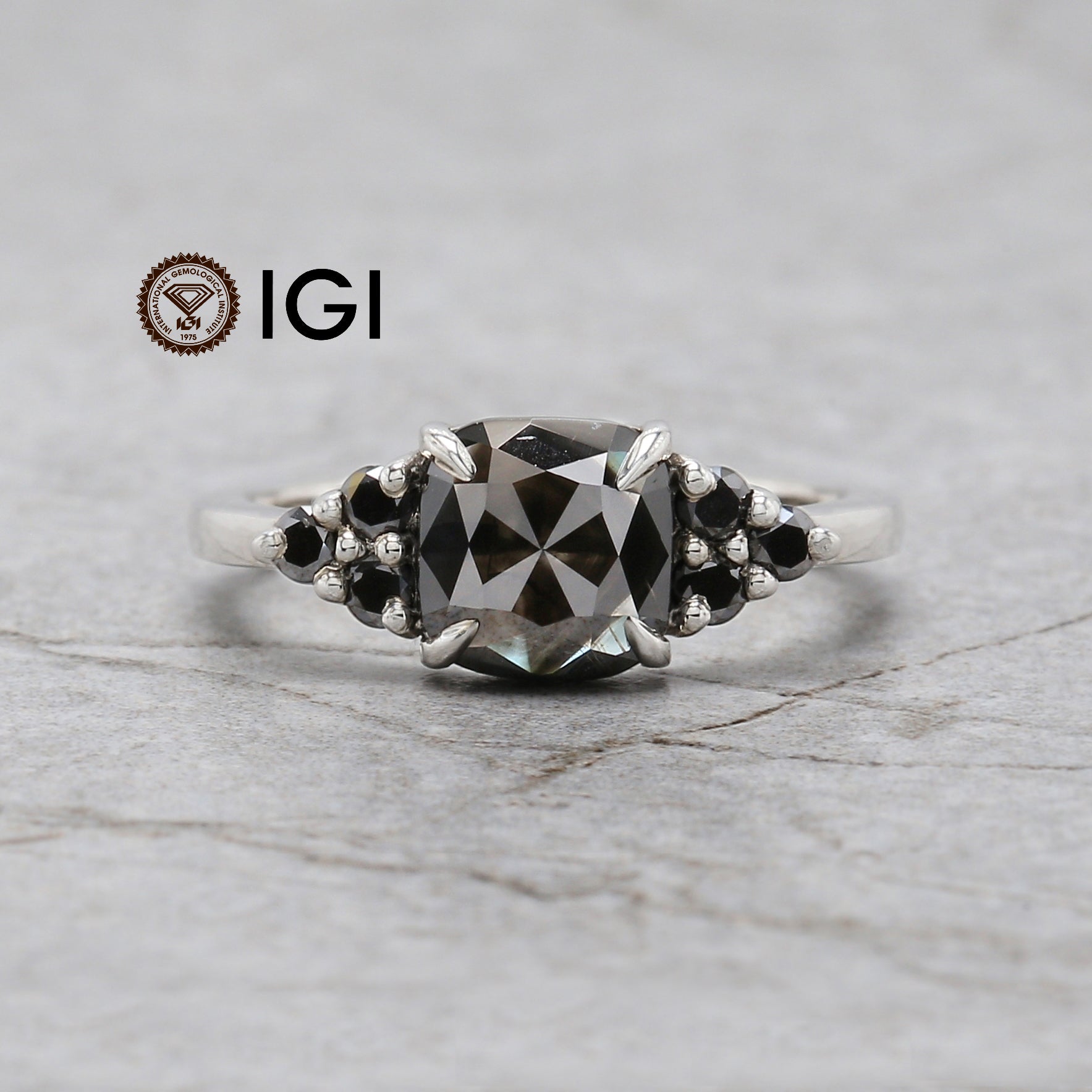IGI Certified Cushion Black Color Diamond Ring 1.54 Ct 7.15 MM Cushion Diamond Ring 14K Solid White Gold Silver Engagement Ring Gift For Her QL9398