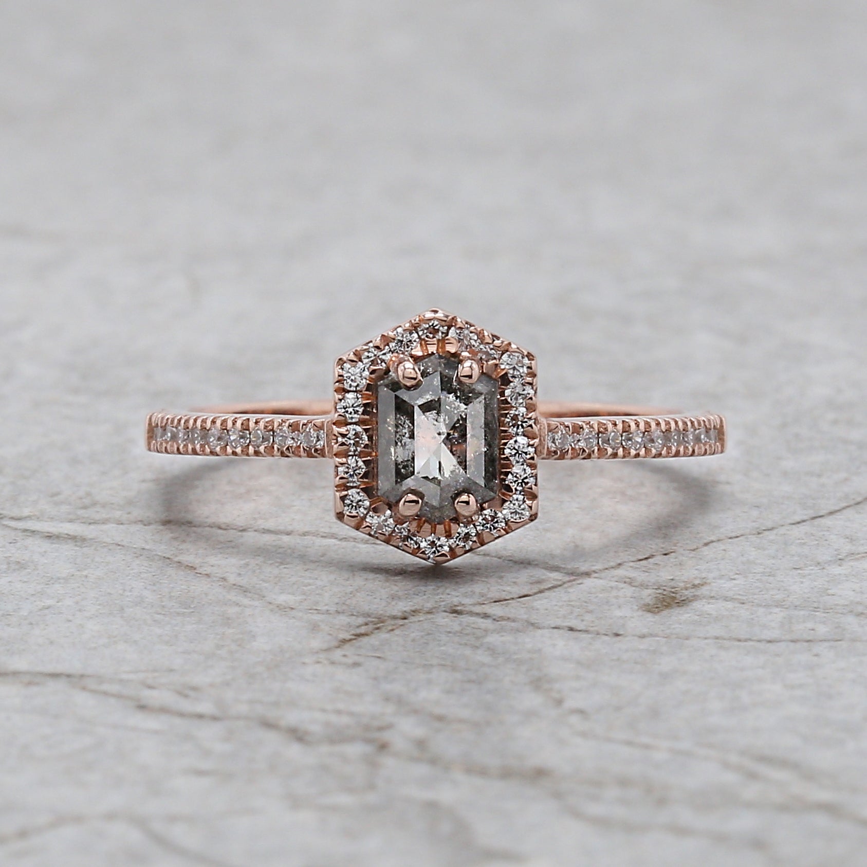 Hexagon Cut Salt And Pepper Diamond Ring 0.57 Ct 5.80 MM Hexagon Cut Diamond Ring 14K Rose Gold Silver Engagement Ring Gift For Her QN1254