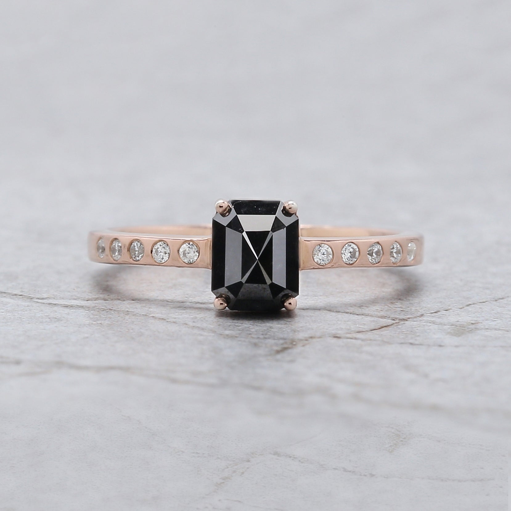 Emerald Cut Black Color Diamond Ring 1.07 Ct 6.26 MM Emerald Diamond Ring 14K Solid Rose Gold Silver Engagement Ring Gift For Her QL2217