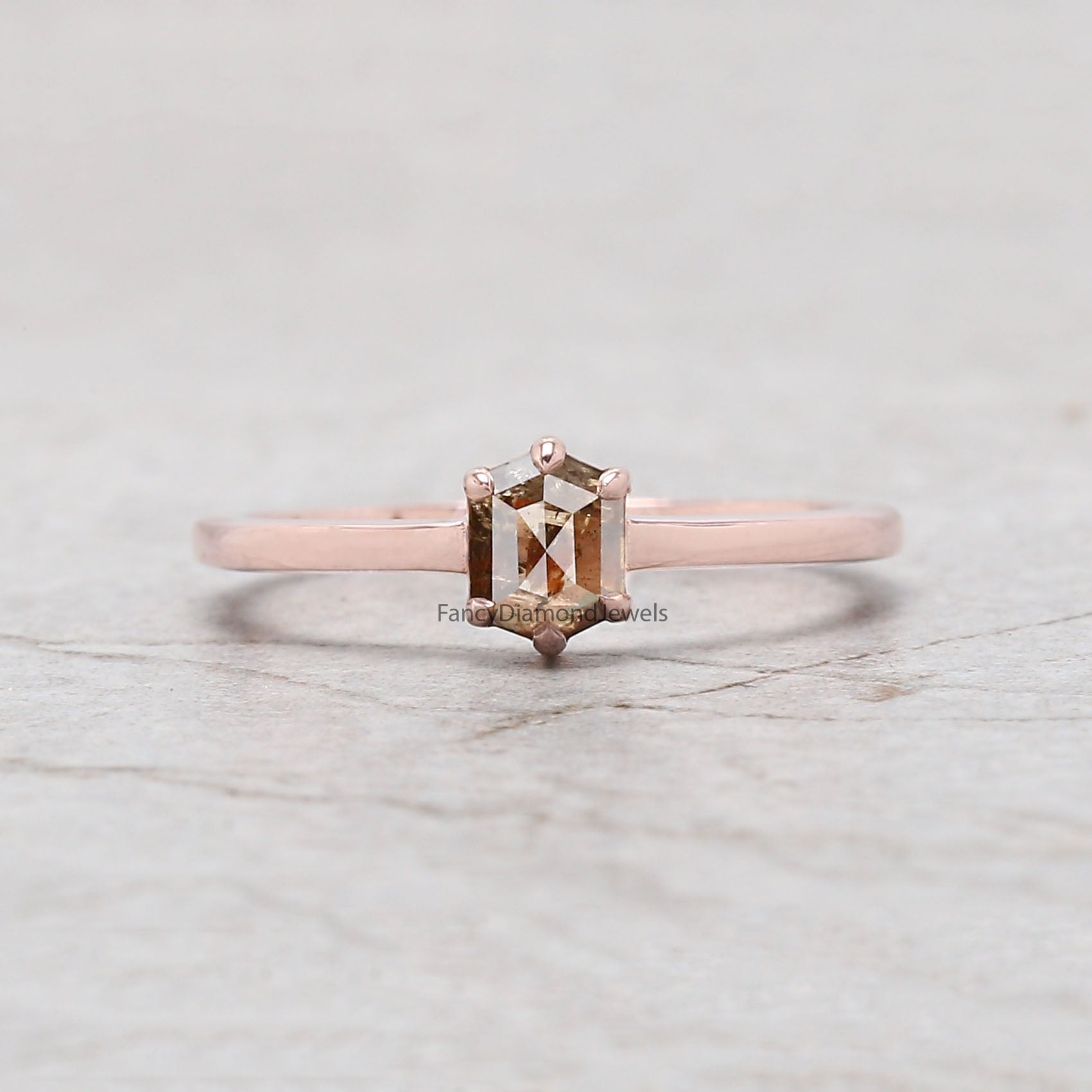 Hexagon Brown Color Diamond Ring 0.50 Ct 5.41 MM Hexagon Shape Diamond Ring 14K Solid Rose Gold Silver Engagement Ring Gift For Her QK2596