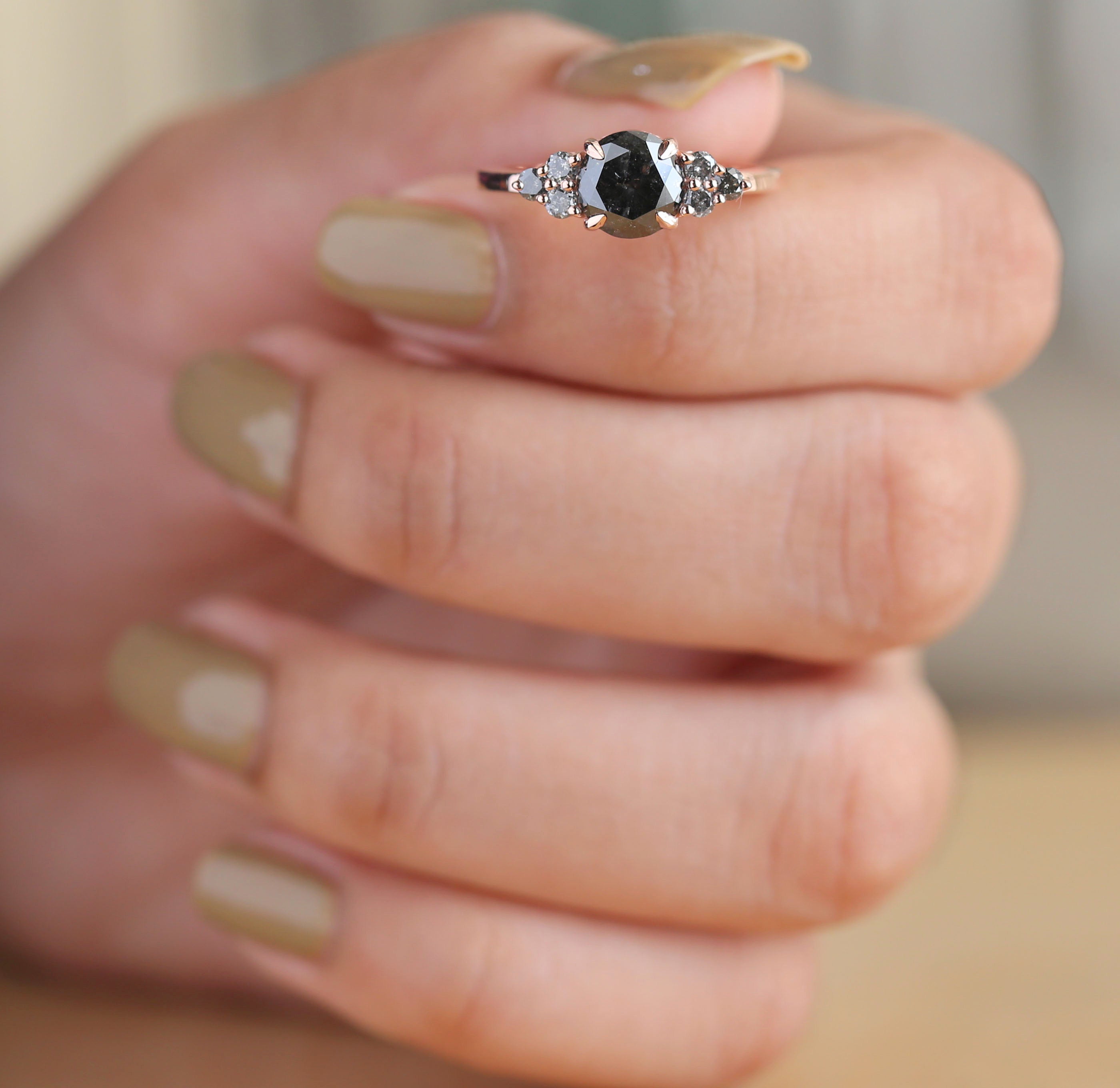 1.35 CT Black Diamond Ring, Round Brilliant Cut Diamond Ring, Engagement Ring, 14K Rose Gold Ring, Wedding Ring, Gift For Her KDL477
